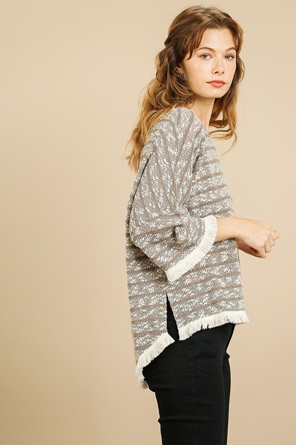 Heathered Striped Knit Bell Sleeve Round Neck Top - That Janis Style