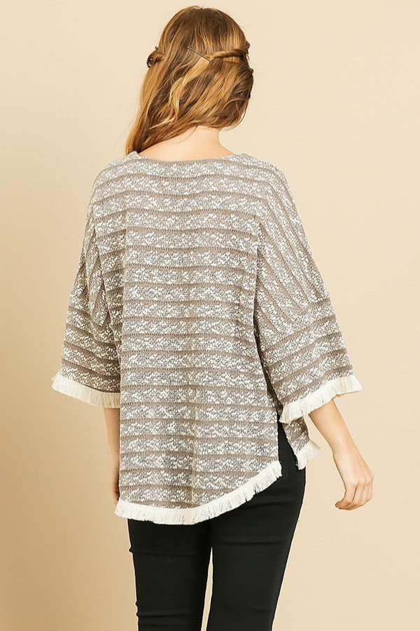 Heathered Striped Knit Bell Sleeve Round Neck Top - That Janis Style