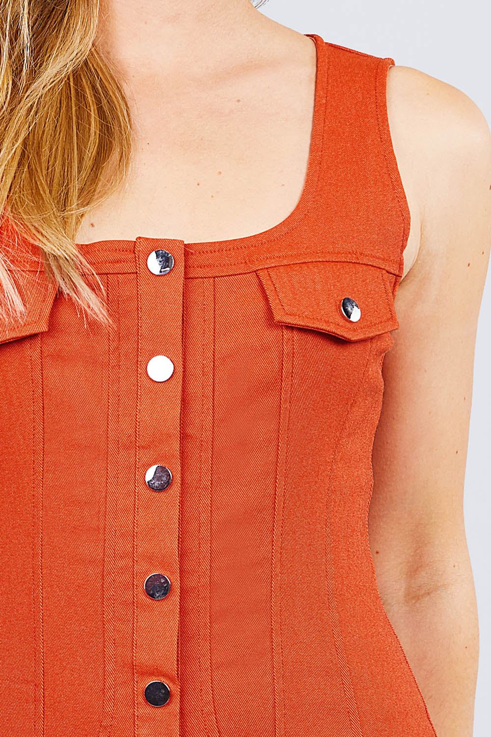 Sleeveless Deep Square Neck Button Down Detail Mini Woven Dress - That Janis Style