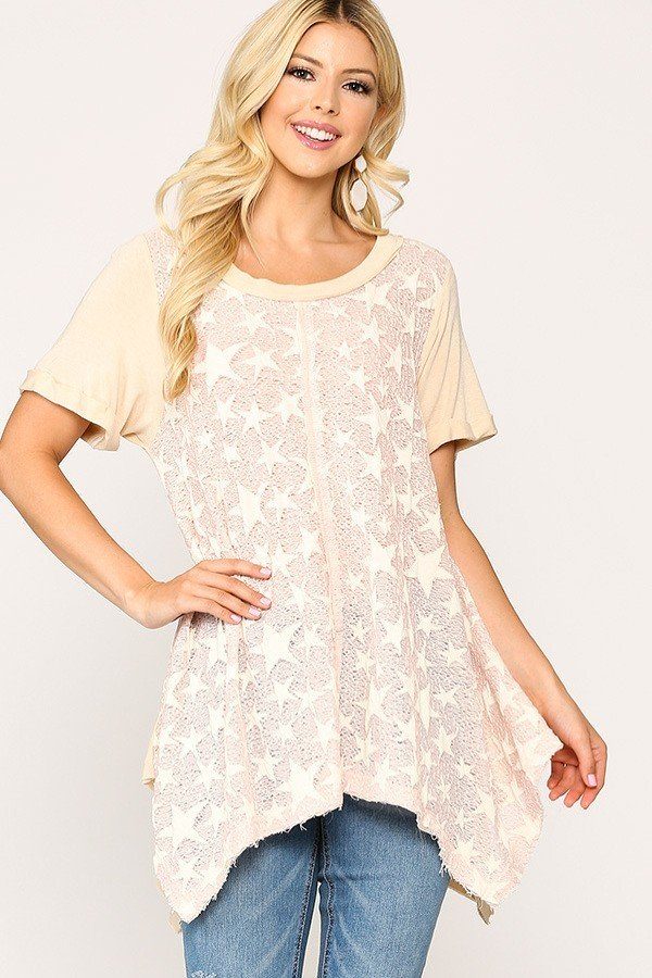 Star Textured Knit Mixed Tunic Top With Shark Bite Hem - That Janis Style