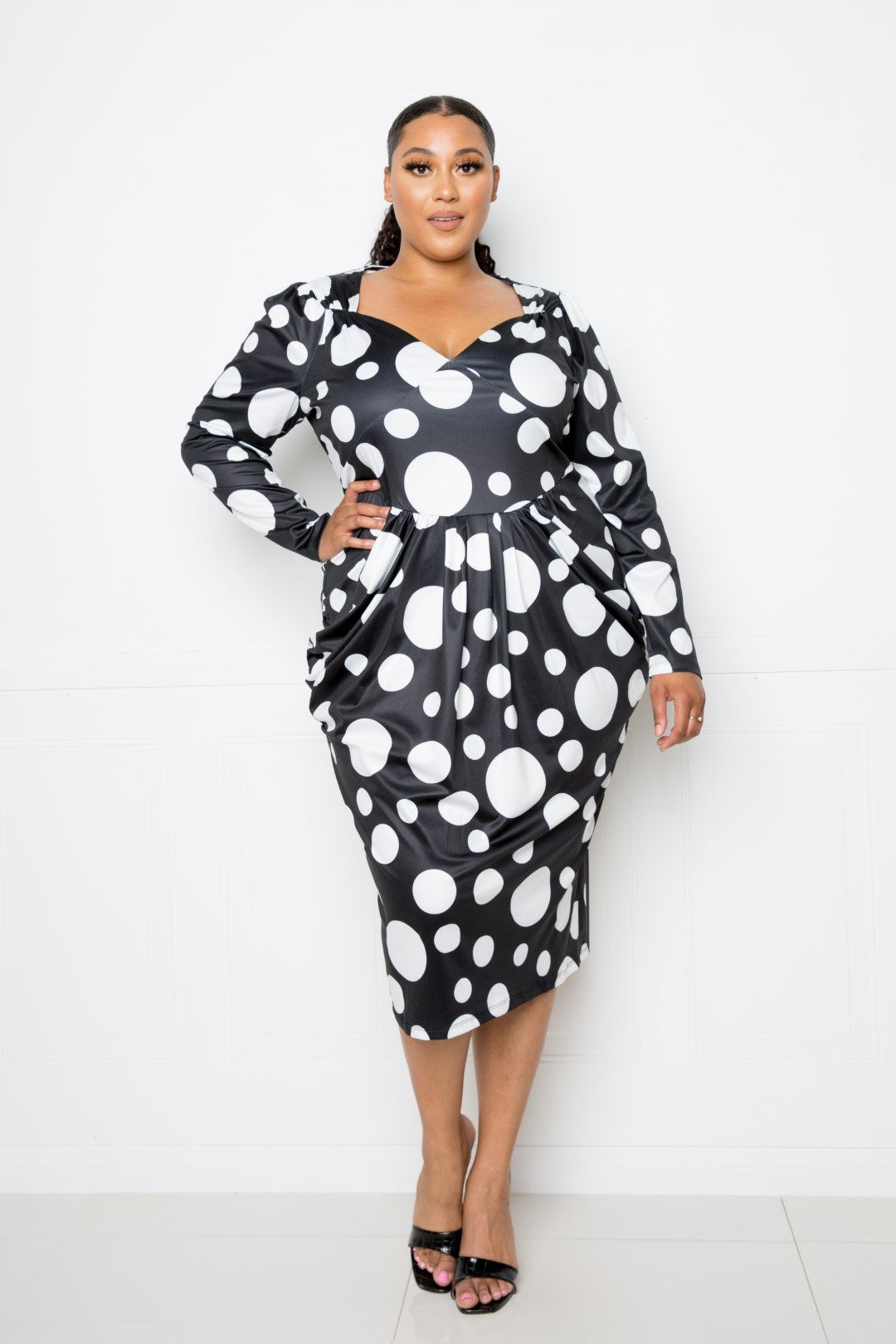 Polka Dot Drop Waist Ruched Midi Dress - That Janis Style