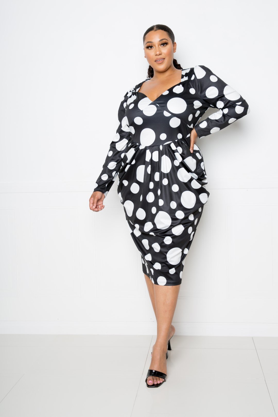 Polka Dot Drop Waist Ruched Midi Dress - That Janis Style