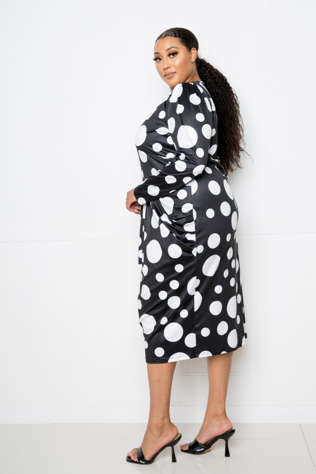 Polka Dot Drop Waist Ruched Midi Dress - That Janis Style