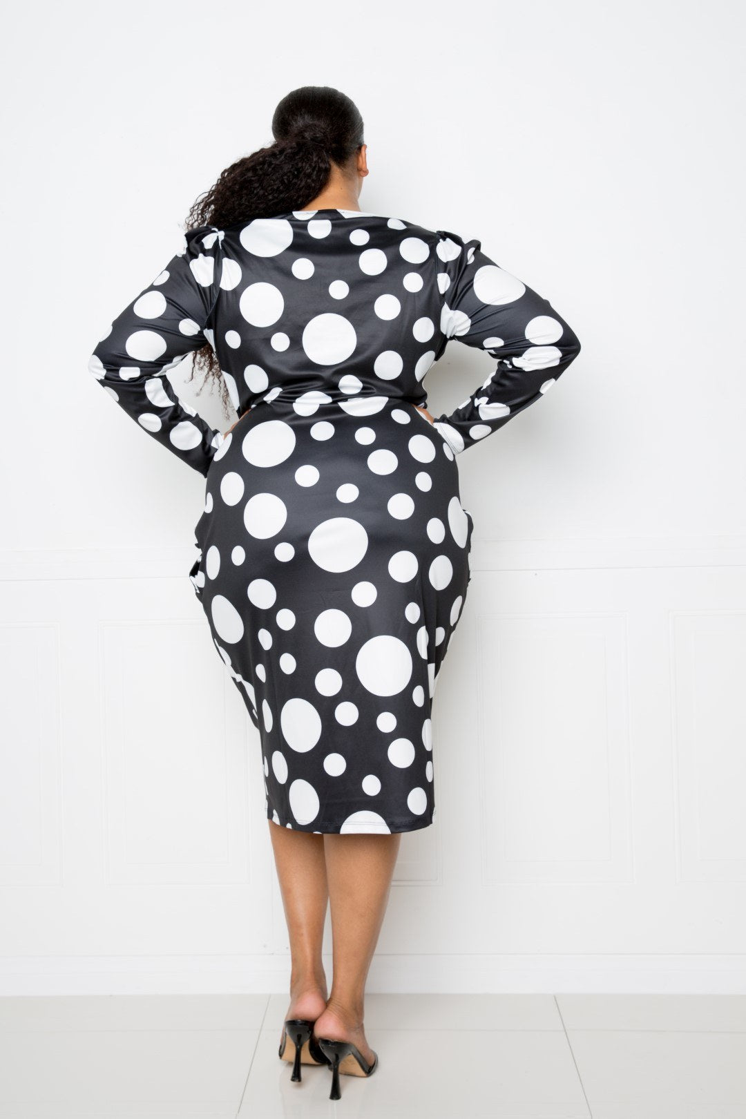 Polka Dot Drop Waist Ruched Midi Dress - That Janis Style