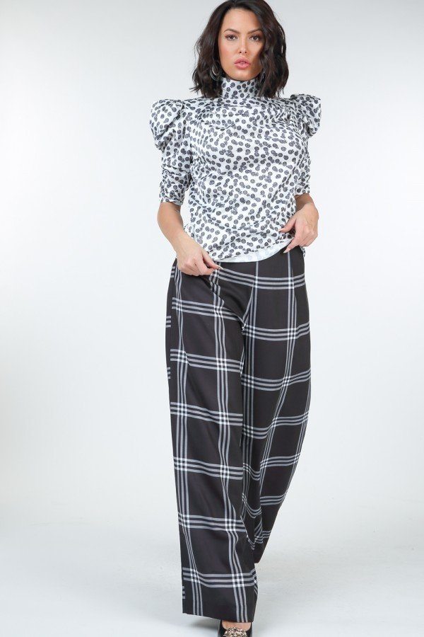 High Waist Plaid Print Wide Leg Pants - That Janis Style