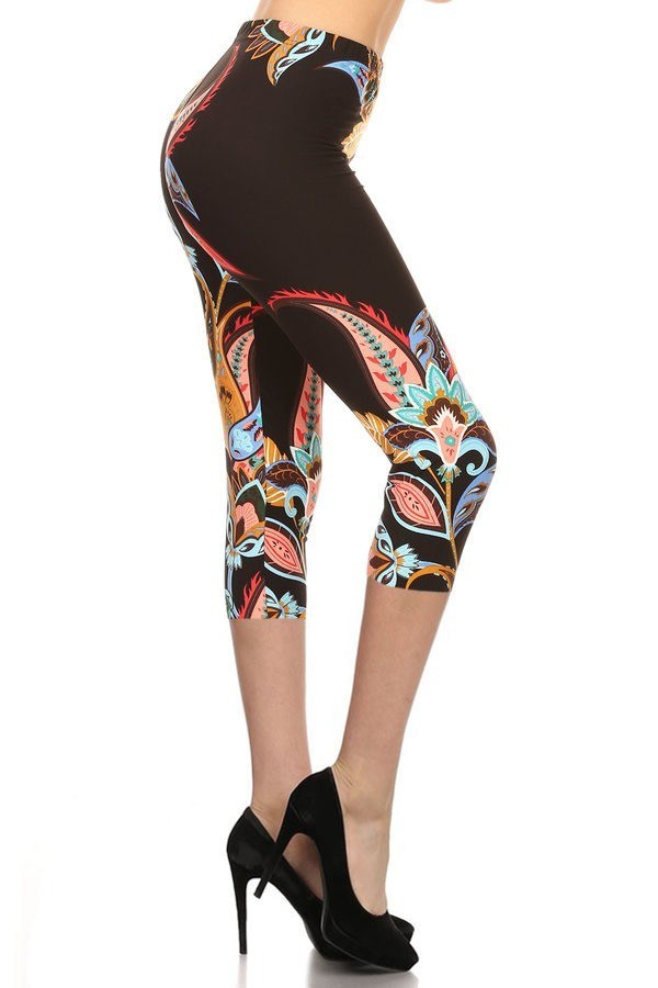 Paisley Floral Pattern Printed Lined Knit Capri Legging With Elastic Waistband. - That Janis Style