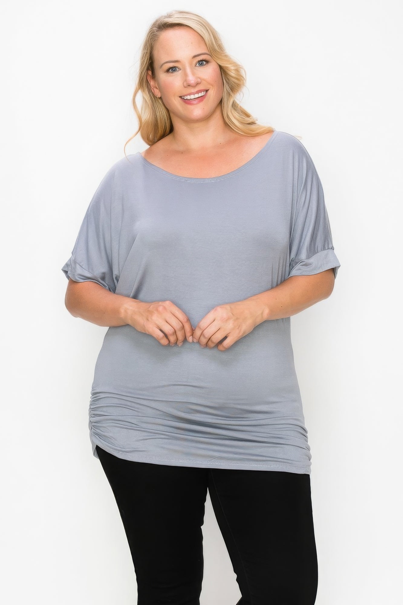 Short Sleeve Top Featuring A Round Neck And Ruched Sides - That Janis Style