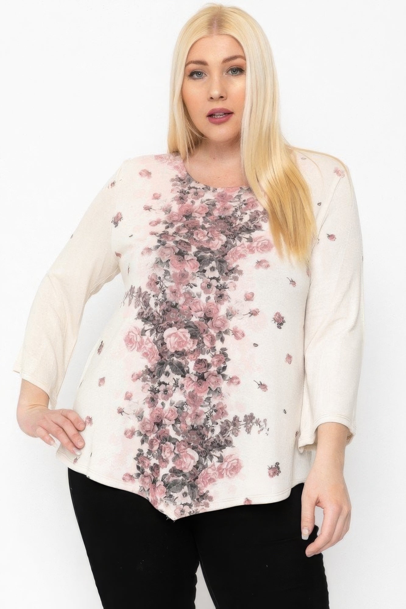 Print Top Featuring A Round Neckline And 3/4 Bell Sleeves - That Janis Style
