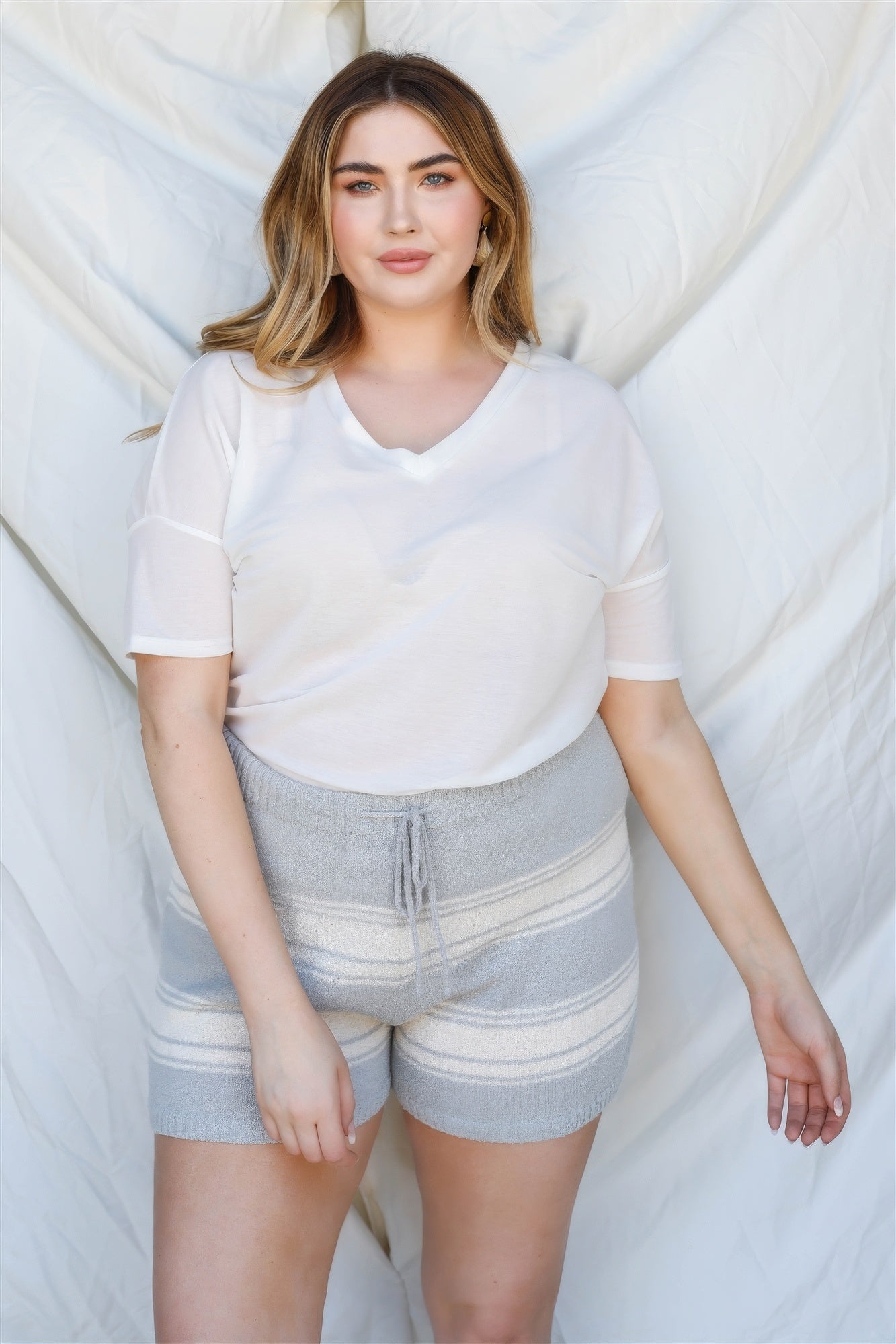 Plus Heather Grey Stripe Knit Shorts - That Janis Style