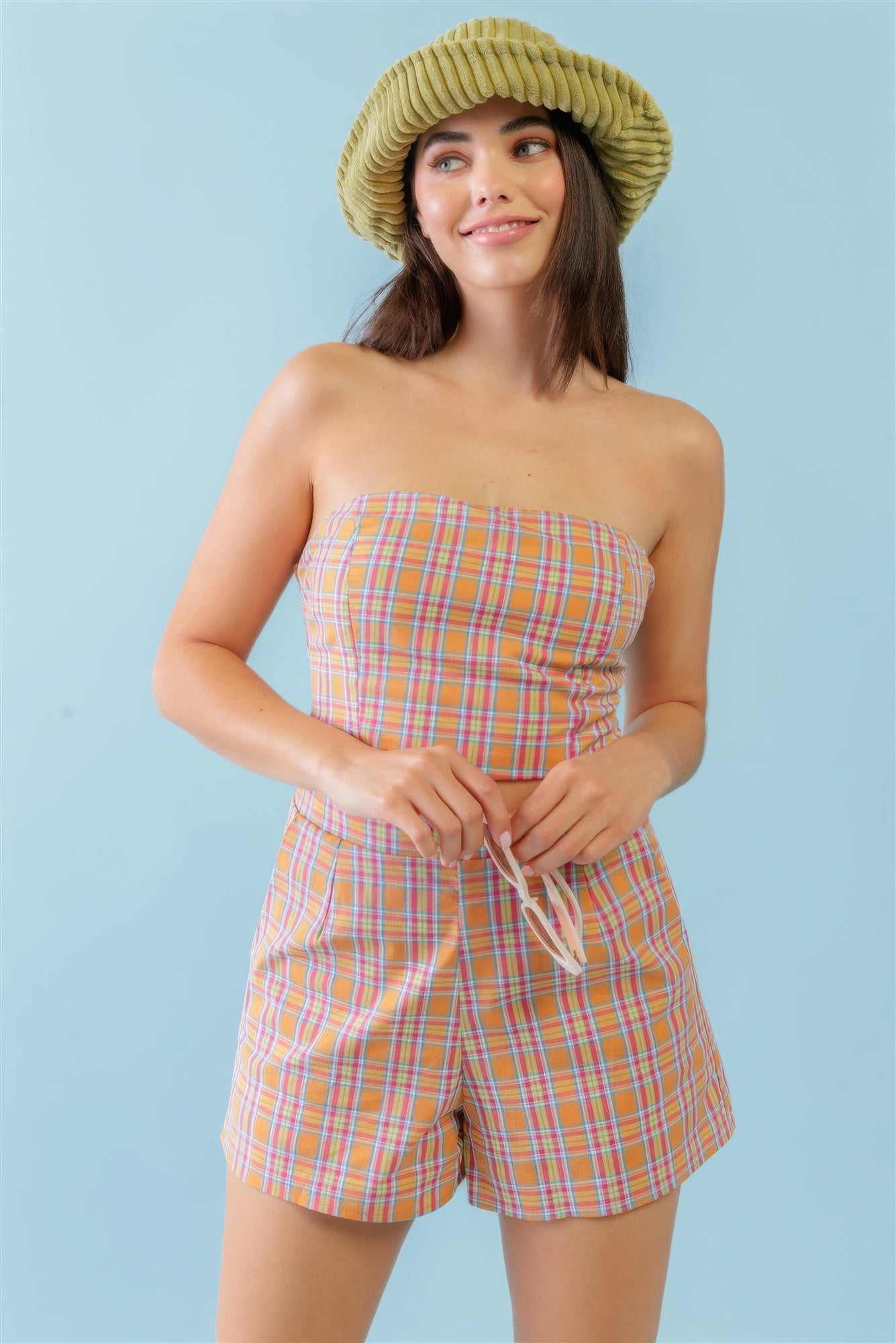 Orange & Aqua Plaid Print Cotton Strapless Crop Top & High Waist Two Pocket Shorts Set - That Janis Style