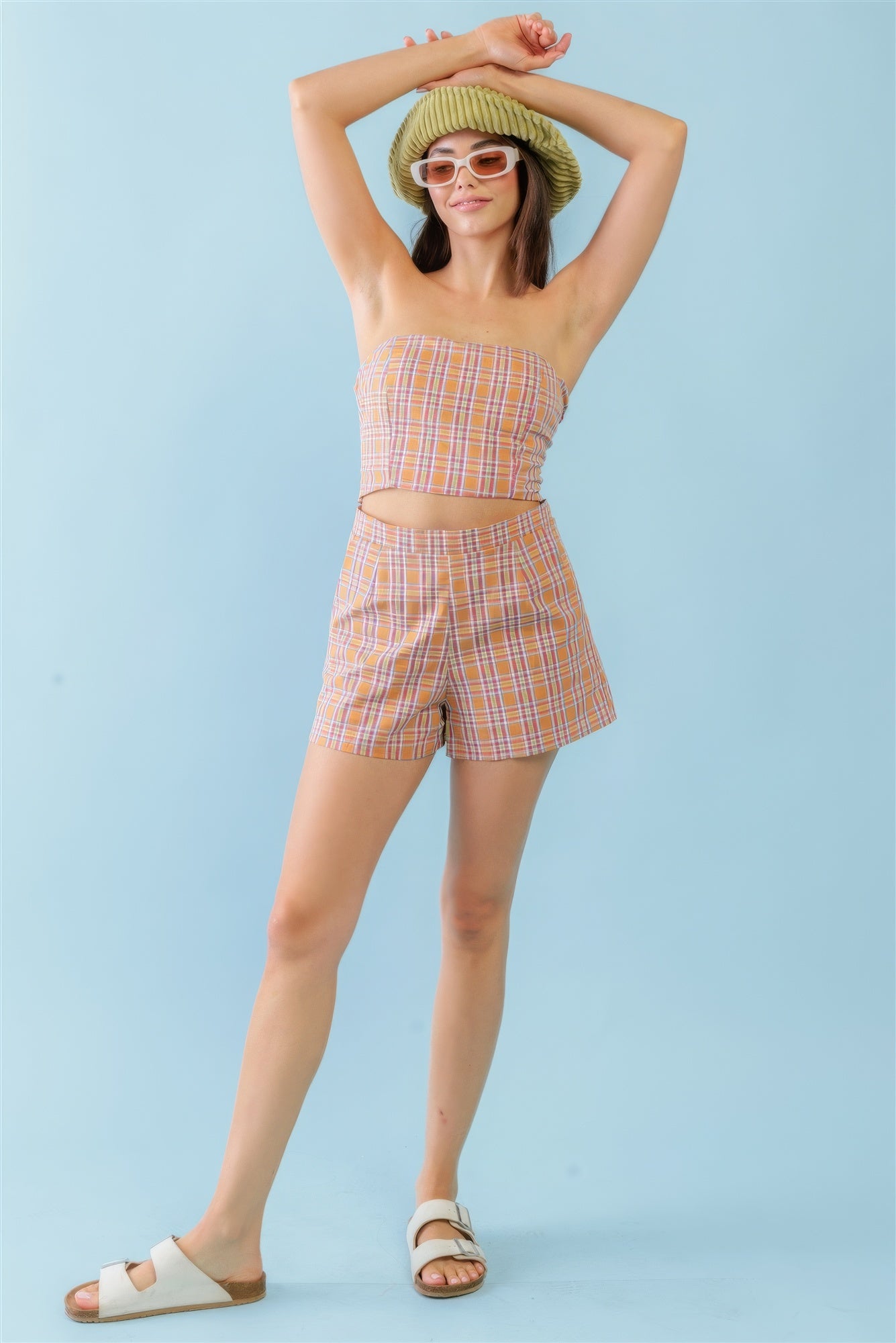 Orange & Aqua Plaid Print Cotton Strapless Crop Top & High Waist Two Pocket Shorts Set - That Janis Style