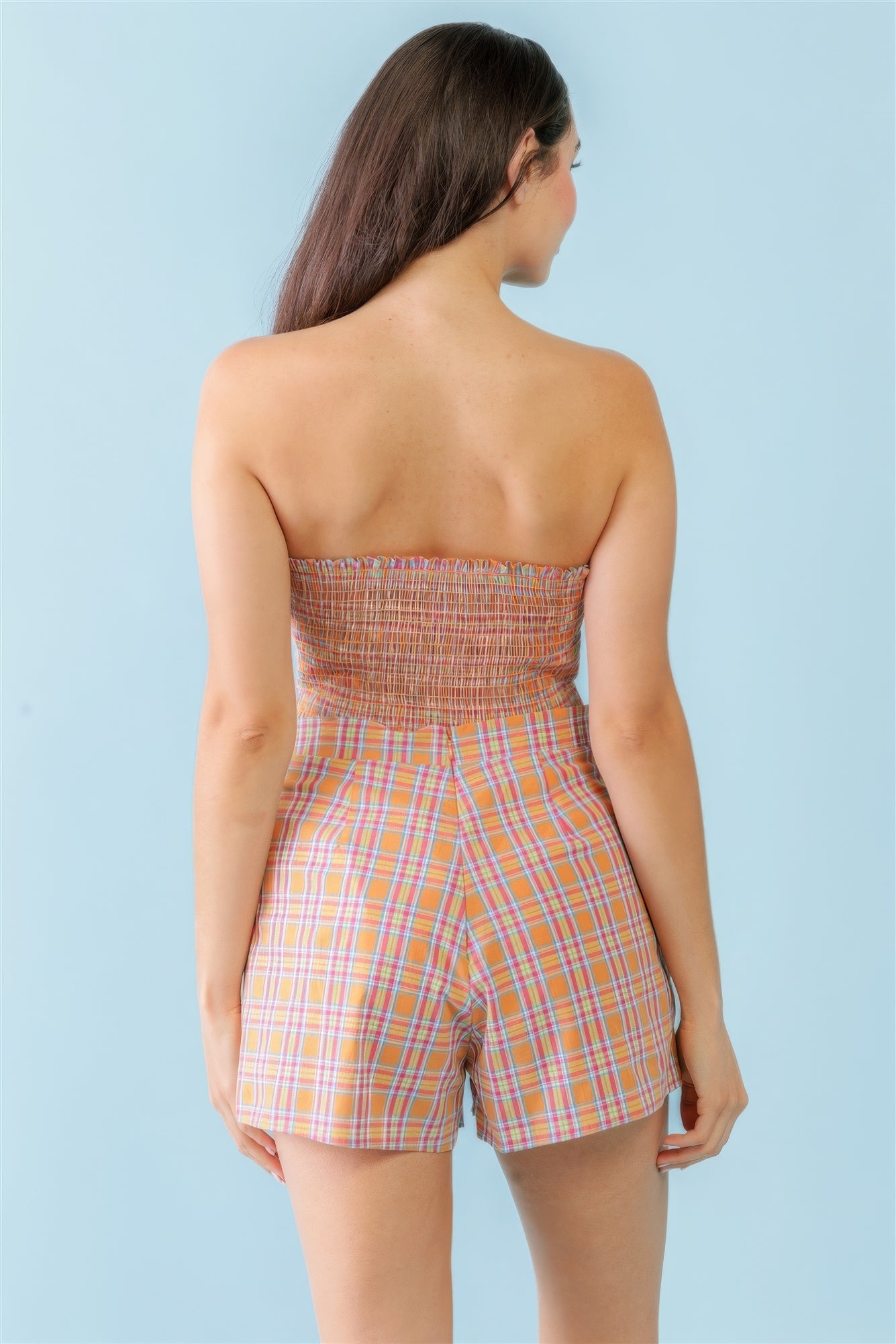 Orange & Aqua Plaid Print Cotton Strapless Crop Top & High Waist Two Pocket Shorts Set - That Janis Style