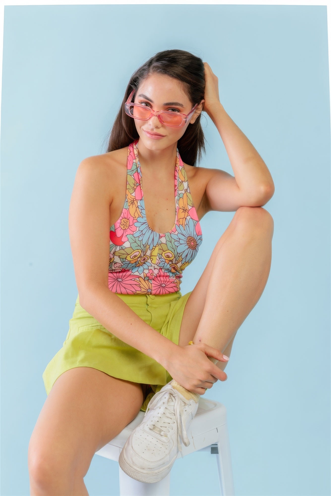 Multicolor Floral Print Sleeveless U-neck Self-tie Strap Bodysuit - That Janis Style