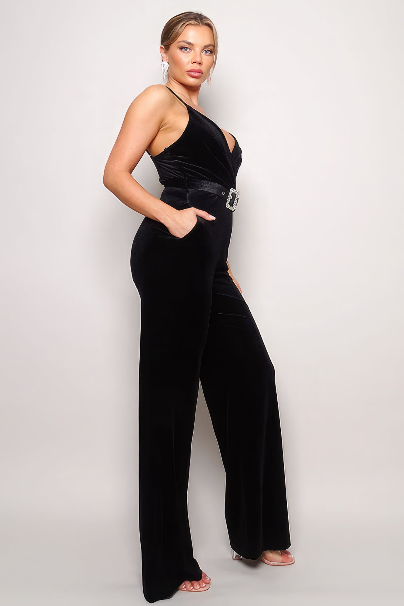 Samba Rhinestone Belt Velvet Jumpsuit - That Janis Style
