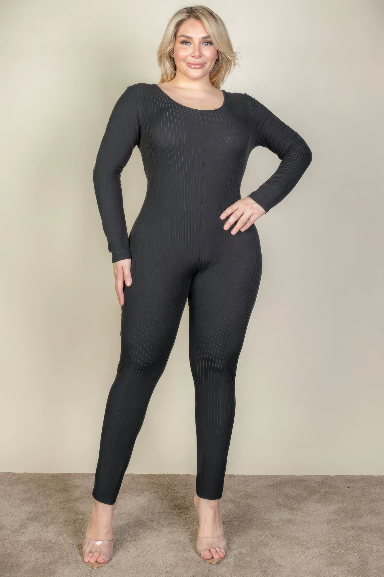 Plus Size Ribbed Scoop Neck Long Sleeve Jumpsuit - That Janis Style