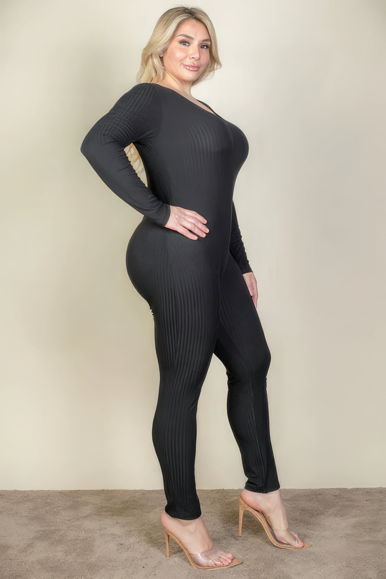 Plus Size Ribbed Scoop Neck Long Sleeve Jumpsuit - That Janis Style
