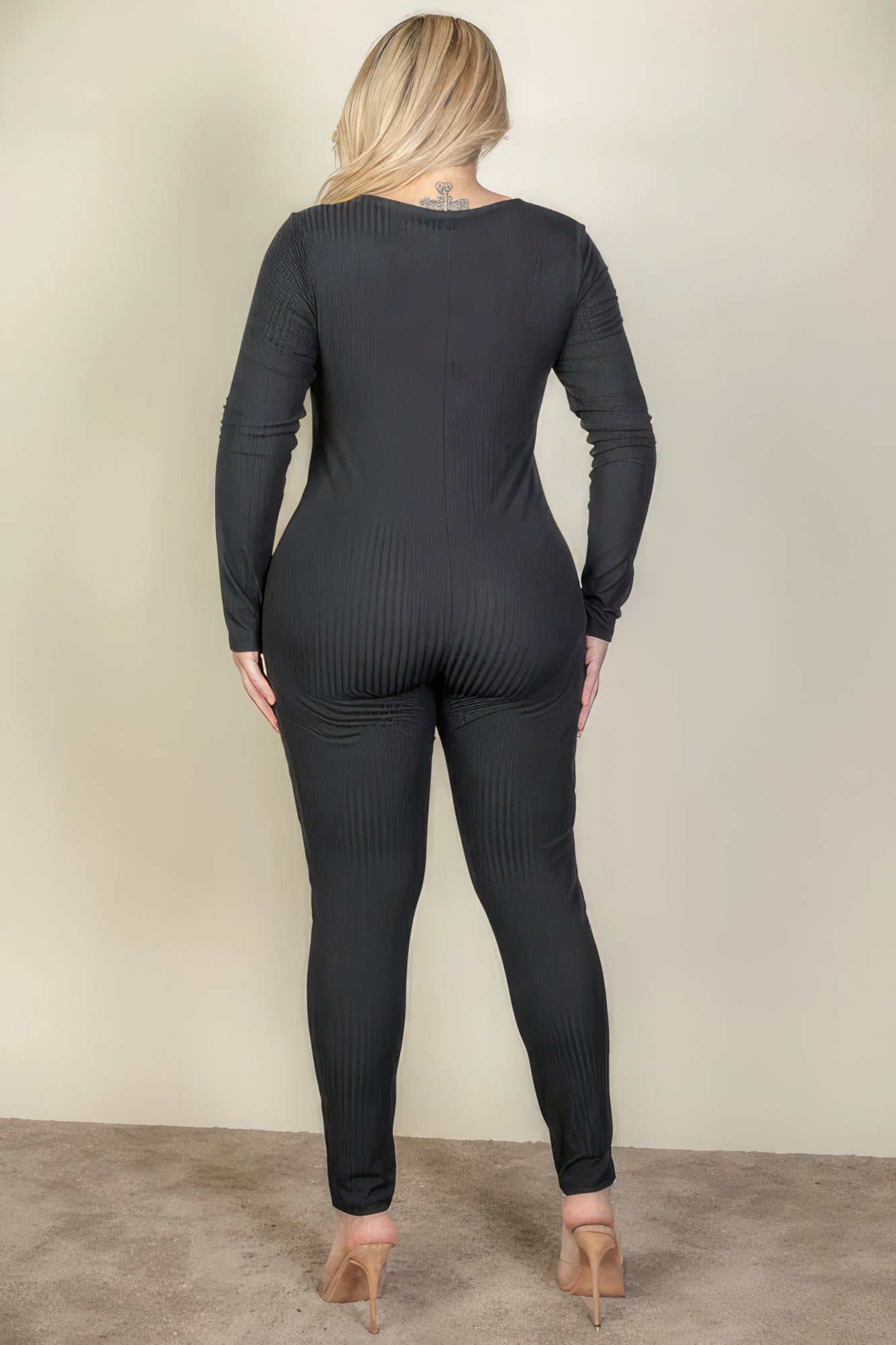 Plus Size Ribbed Scoop Neck Long Sleeve Jumpsuit - That Janis Style