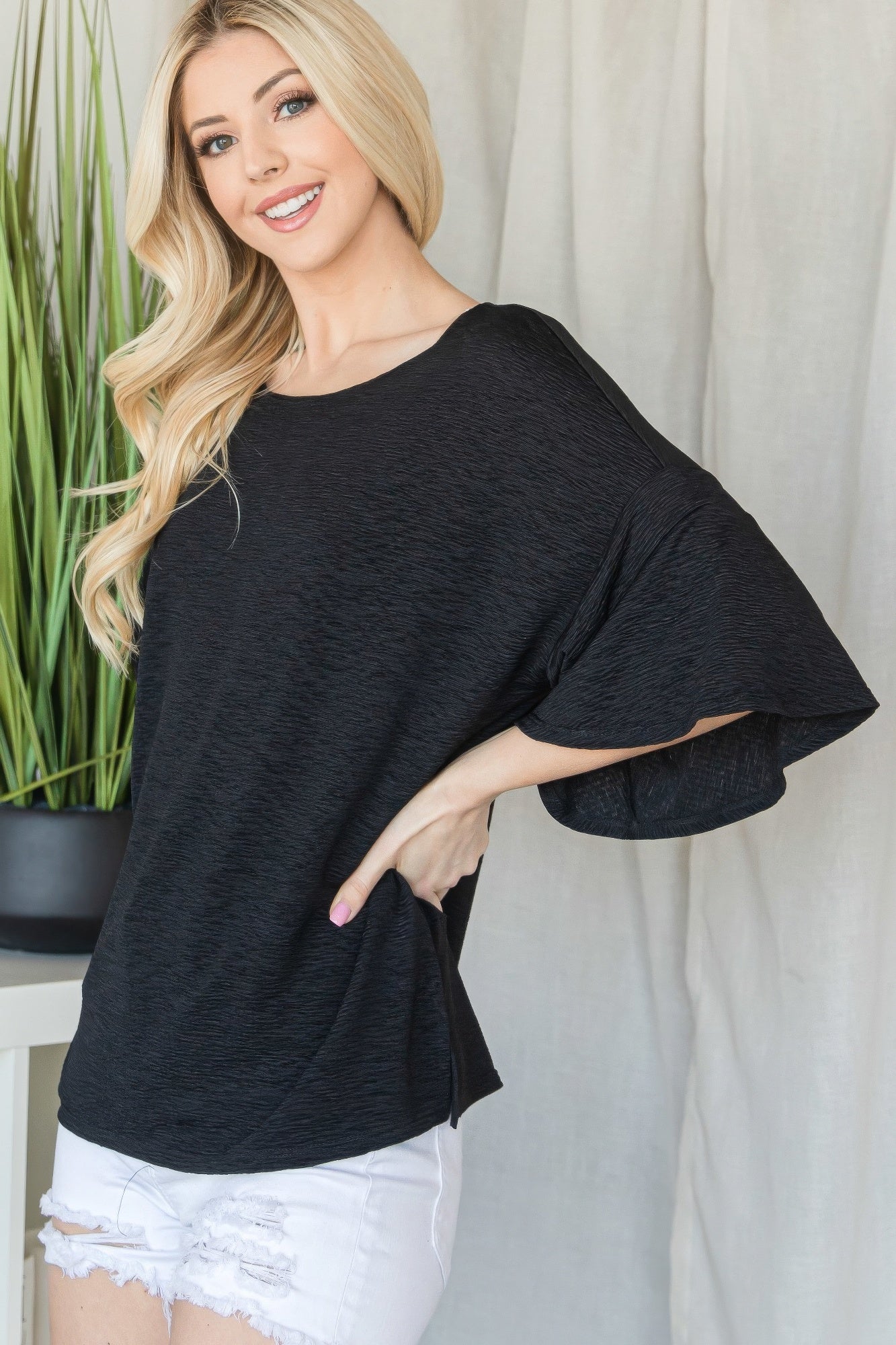 Flared Sleeve Basic Shortsleeve Top - That Janis Style