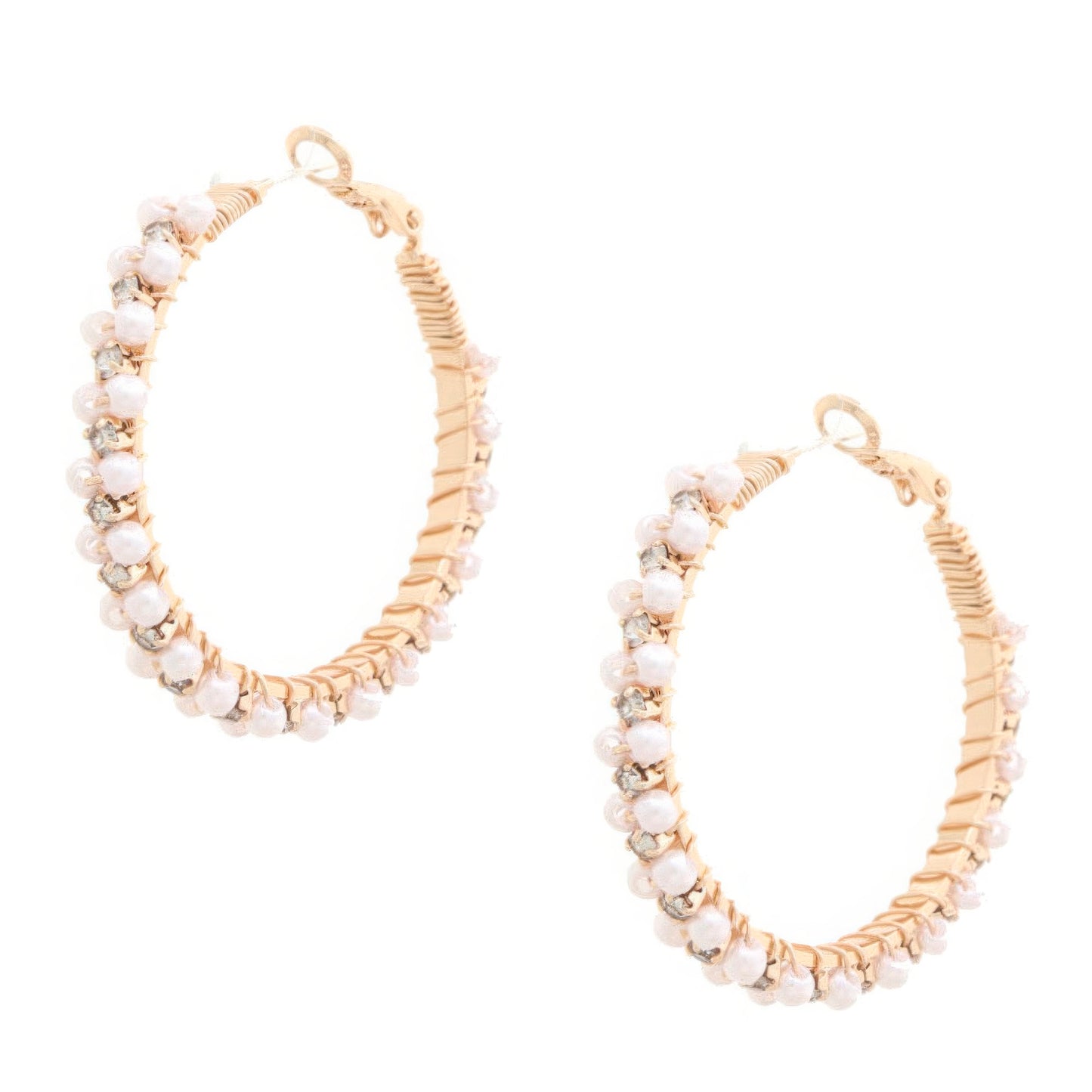 Pearl Bead Rhinestone Wire Wrapped Hoop Earring - That Janis Style