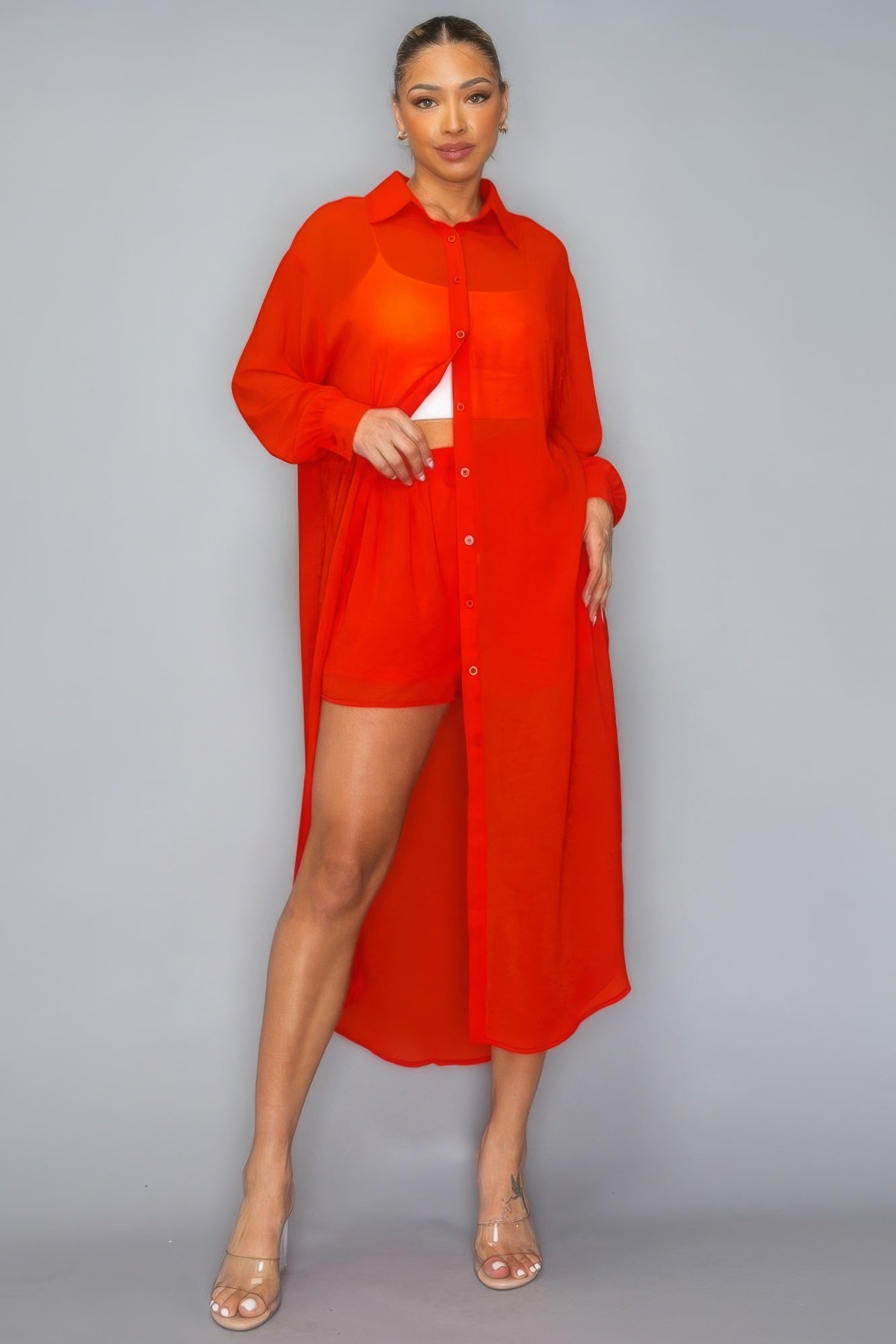Chiffon Button Down Long Sleeve Side Slit Long Top With Short Set - That Janis Style