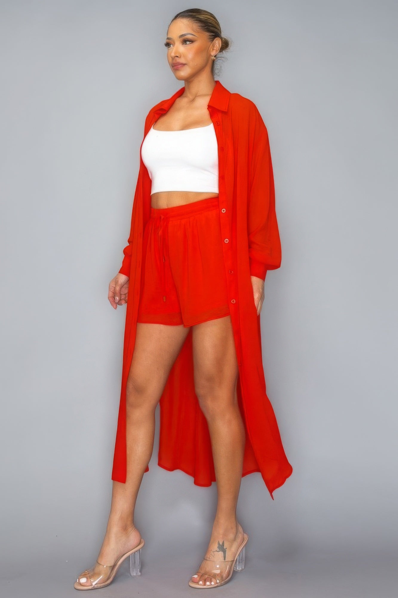 Chiffon Button Down Long Sleeve Side Slit Long Top With Short Set - That Janis Style