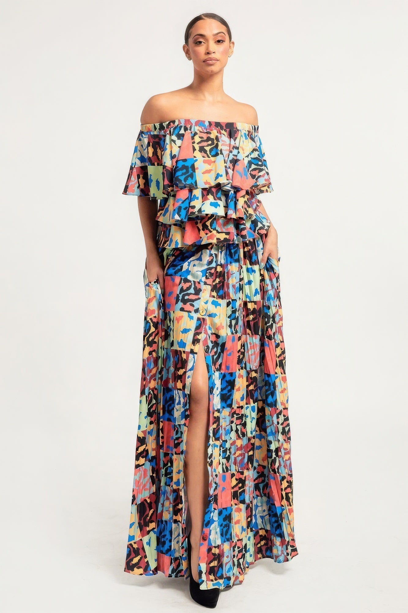 Printed Ruffle Top And Pleated Skirt Set - That Janis Style
