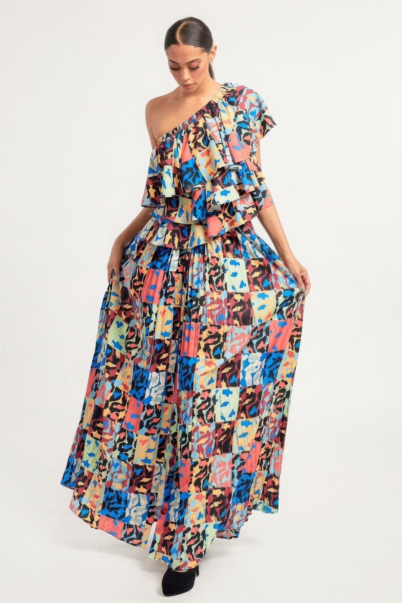 Printed Ruffle Top And Pleated Skirt Set - That Janis Style