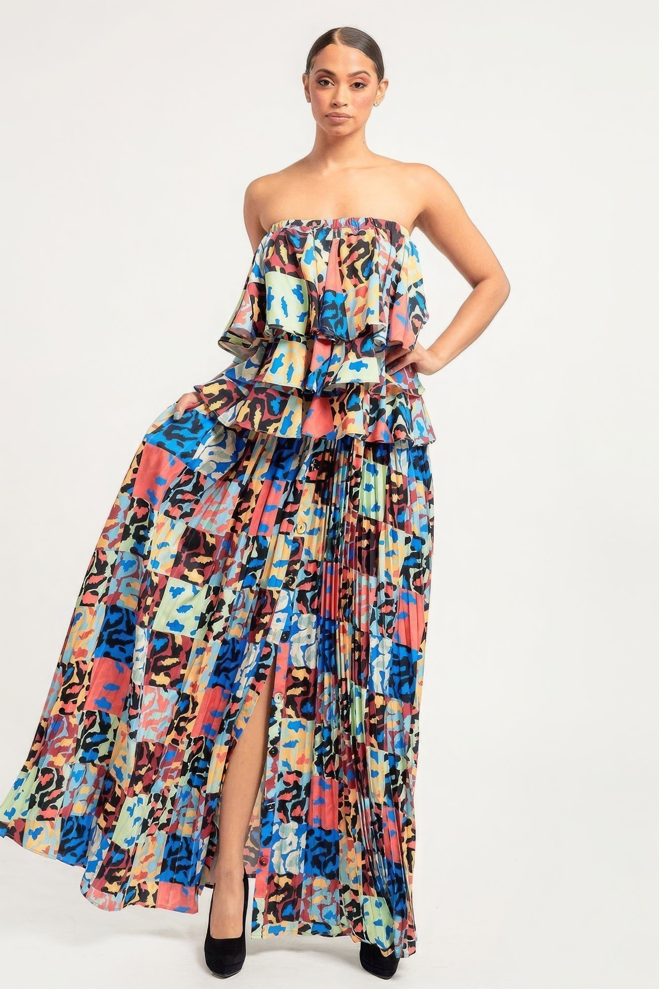 Printed Ruffle Top And Pleated Skirt Set - That Janis Style