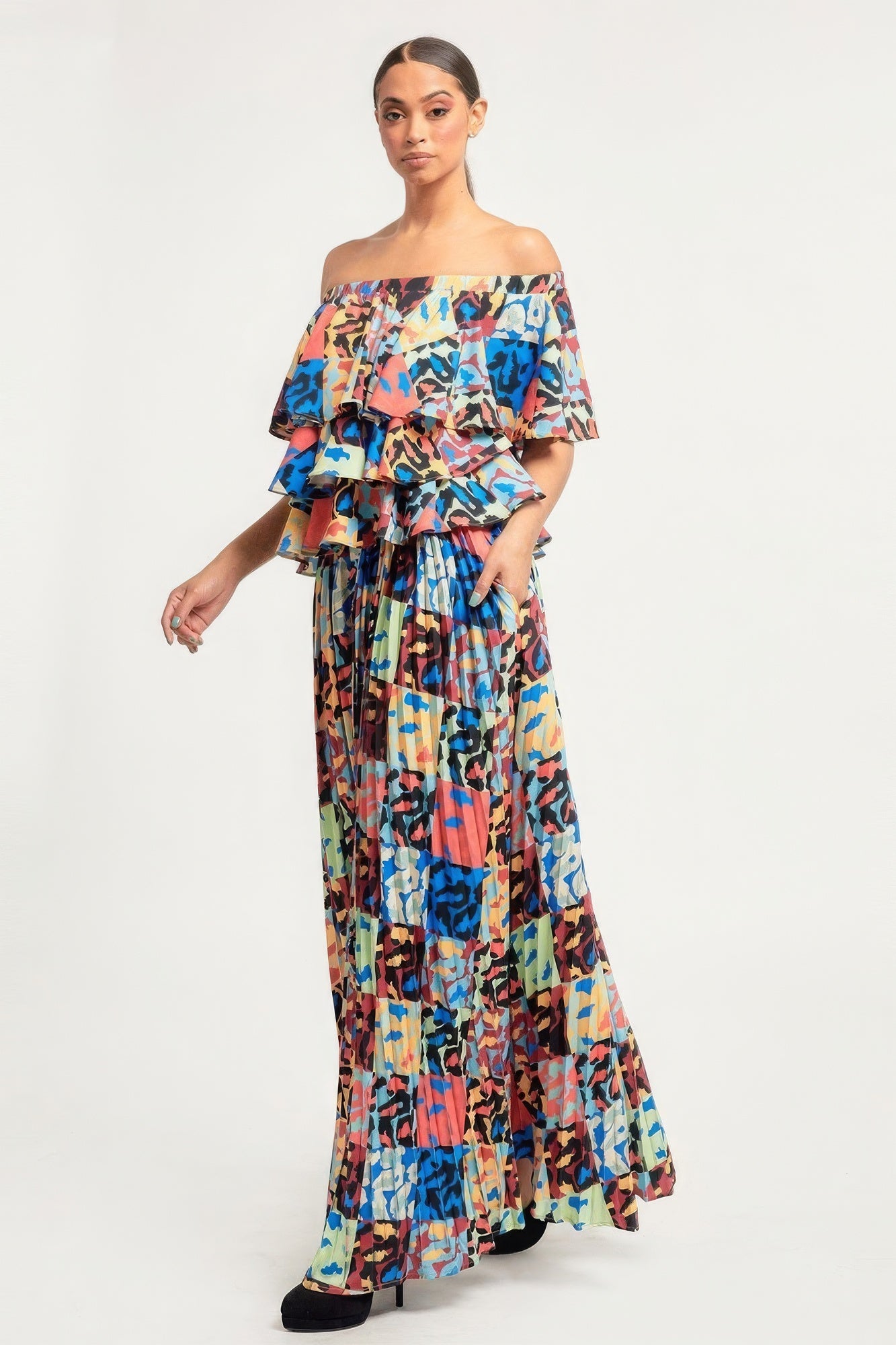 Printed Ruffle Top And Pleated Skirt Set - That Janis Style