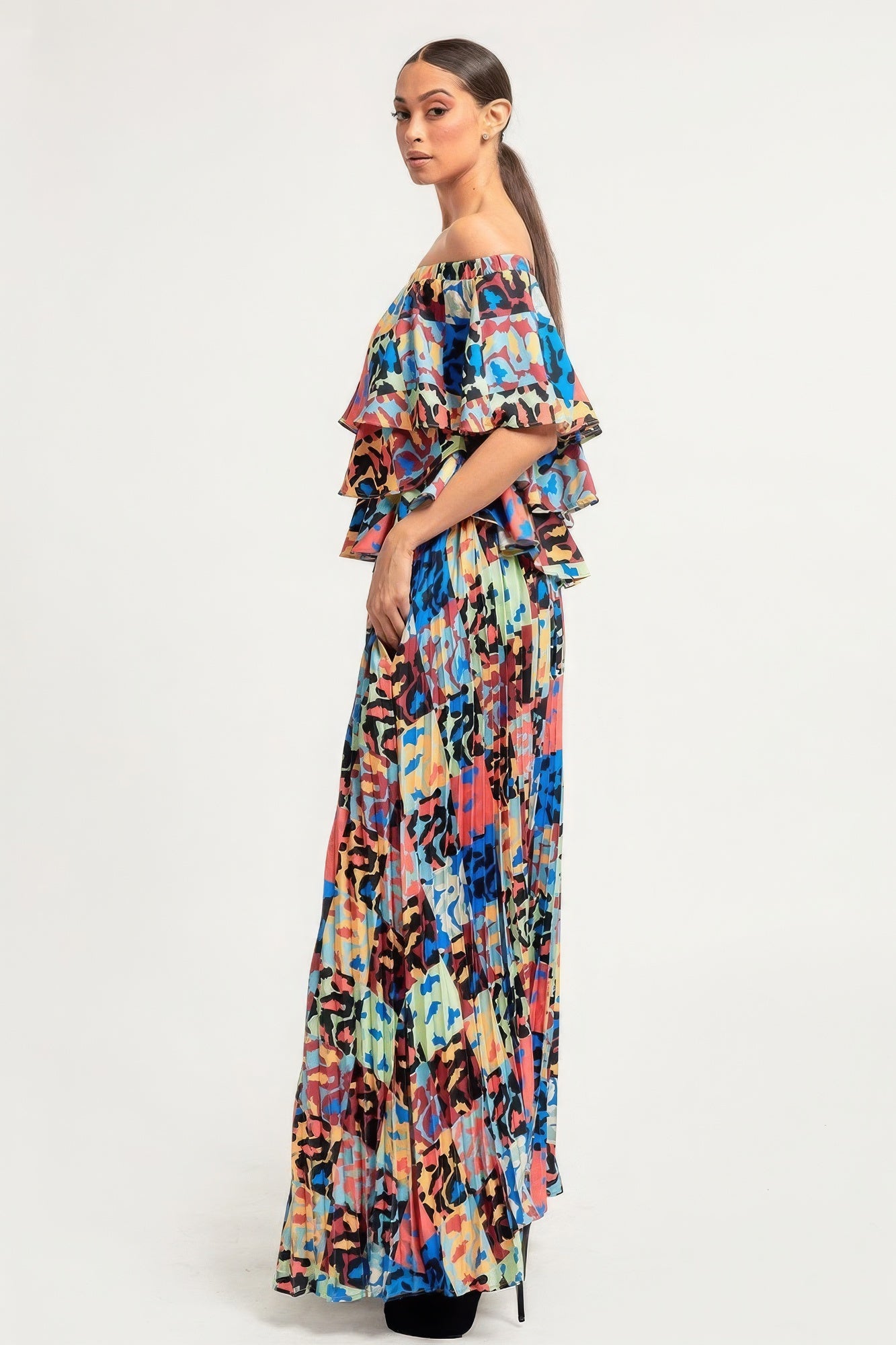 Printed Ruffle Top And Pleated Skirt Set - That Janis Style