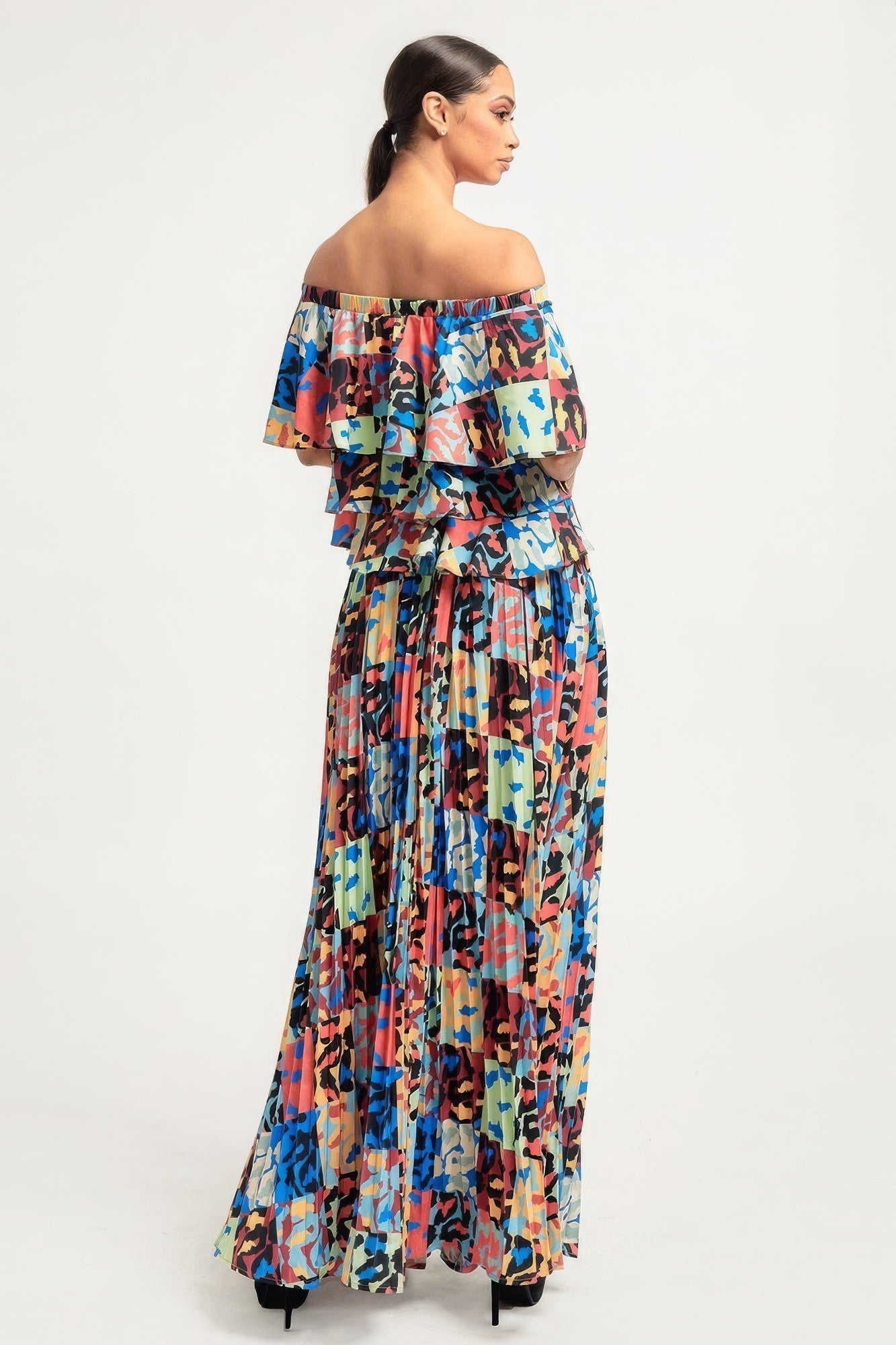 Printed Ruffle Top And Pleated Skirt Set - That Janis Style