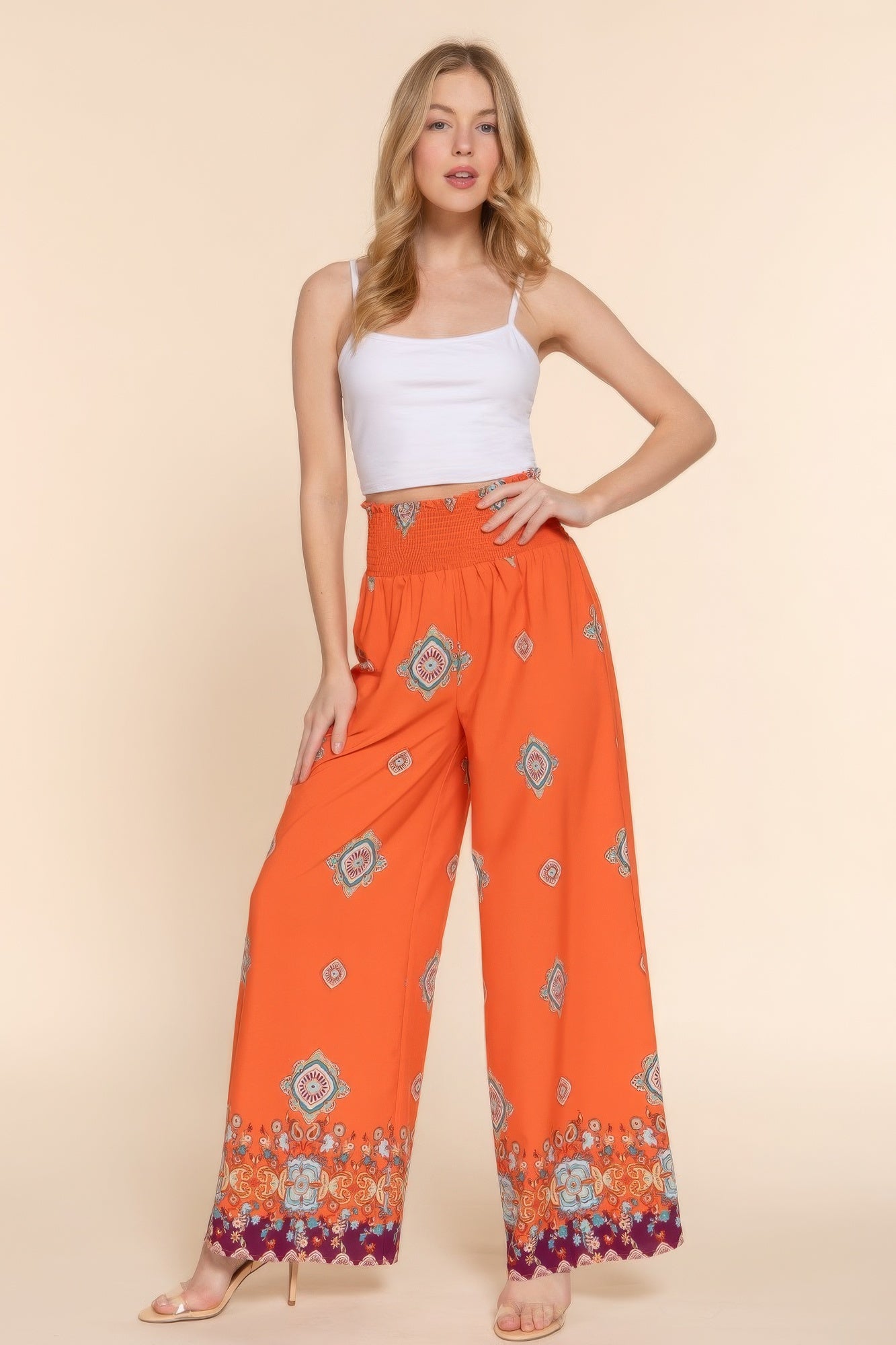 Wide Leg Border Print Woven Pants - That Janis Style