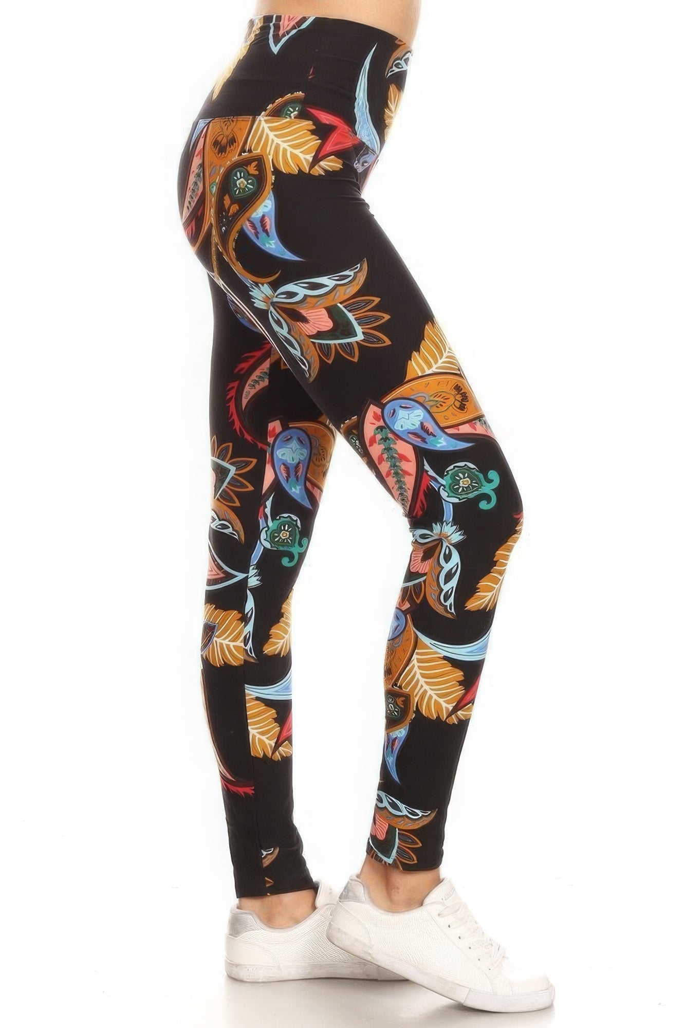 5-inch Long Yoga Style Banded Lined Paisley Floral Printed Knit Legging With High Waist - That Janis Style