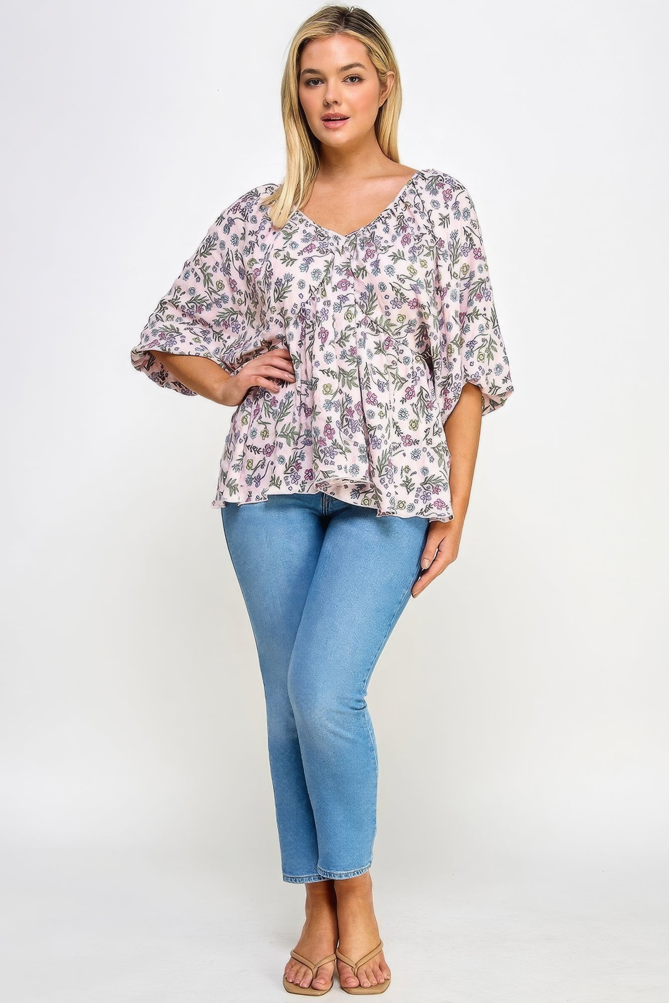 Floral V-neck Babydoll Balloon Slv Top - That Janis Style