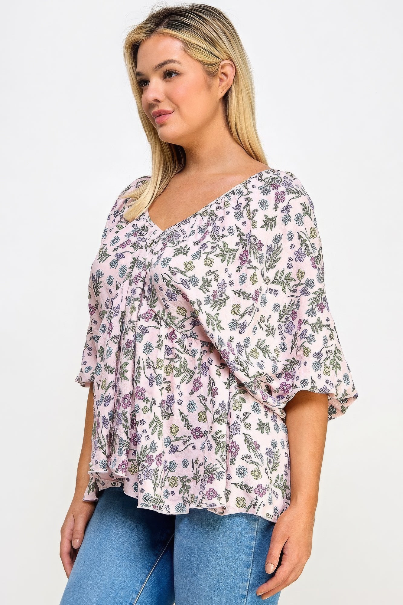 Floral V-neck Babydoll Balloon Slv Top - That Janis Style