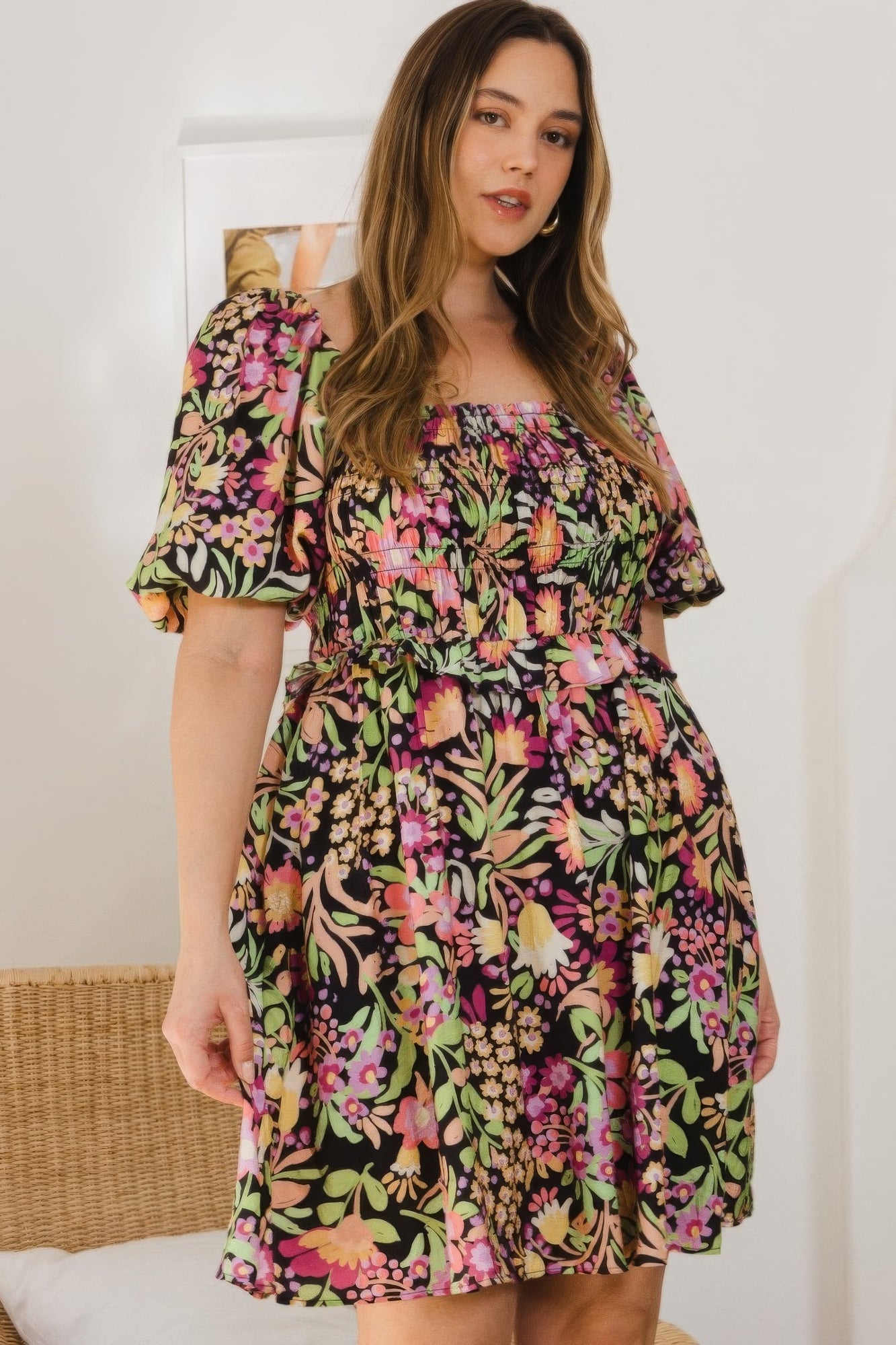 Plus Floral Printed Center Tie-back Mini Dress - That Janis Style