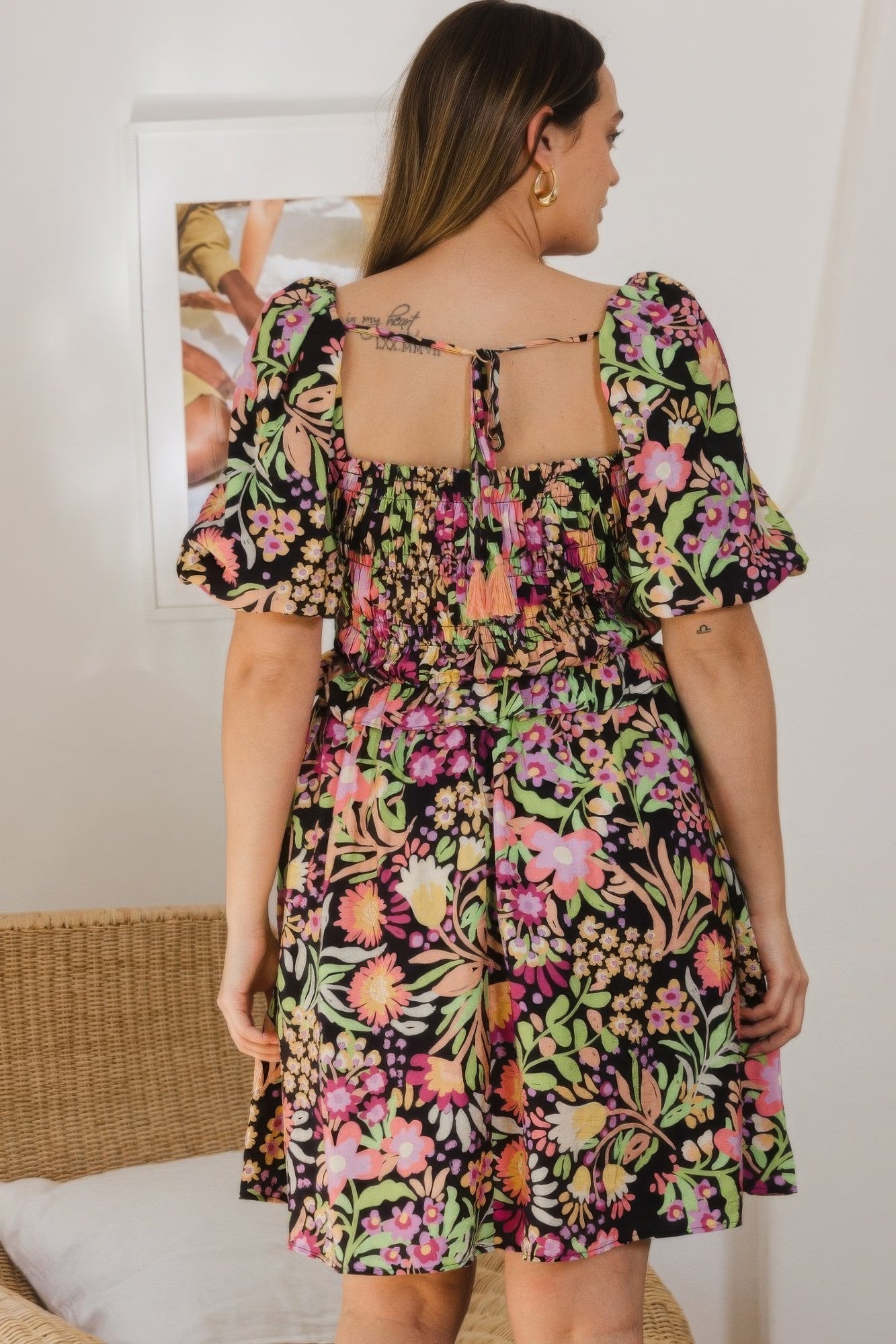 Plus Floral Printed Center Tie-back Mini Dress - That Janis Style