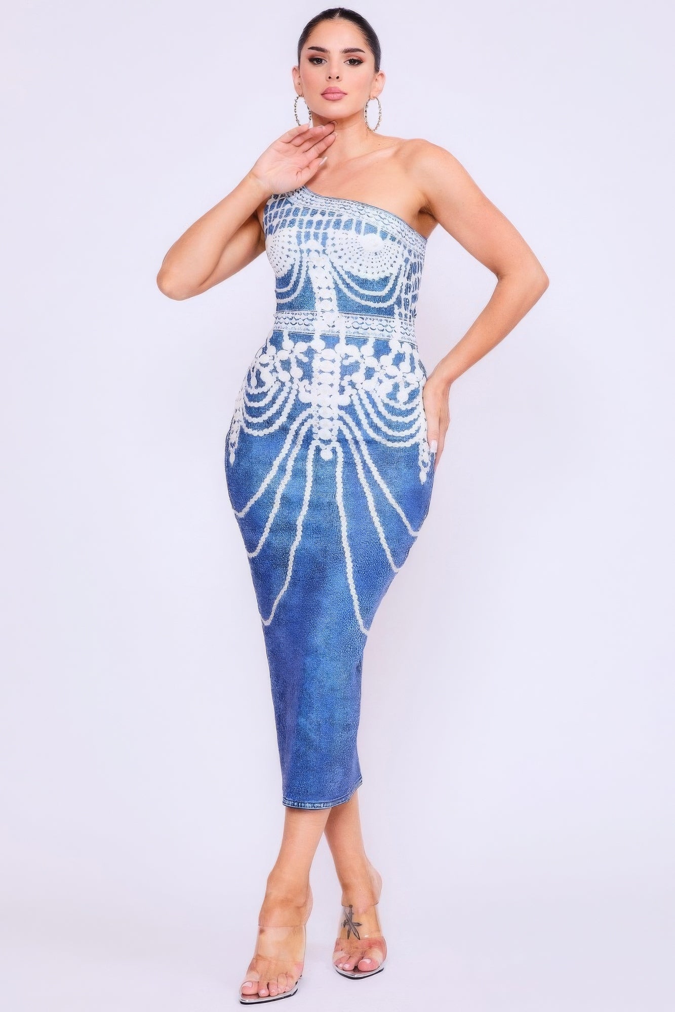 One Shoulder Denim Print Dress - That Janis Style