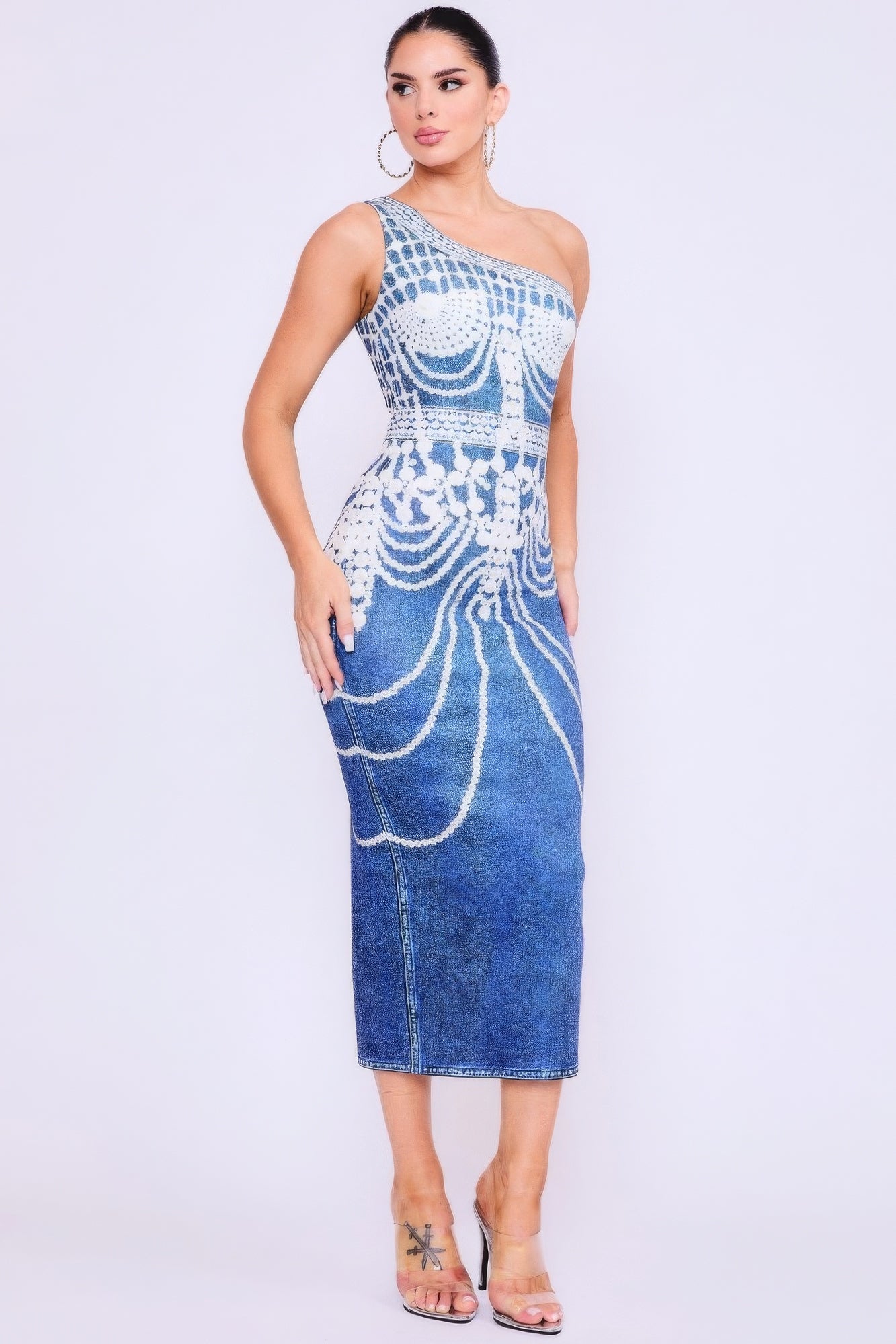 One Shoulder Denim Print Dress - That Janis Style