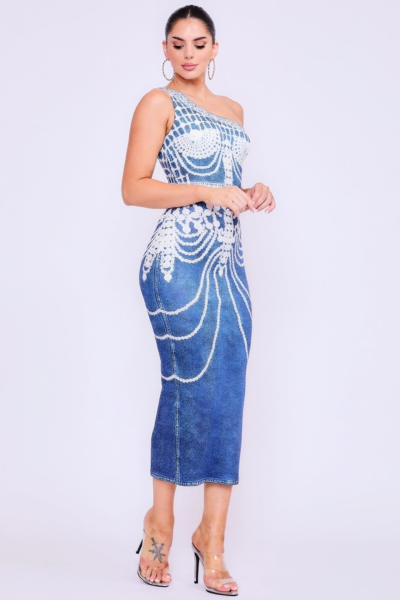 One Shoulder Denim Print Dress - That Janis Style