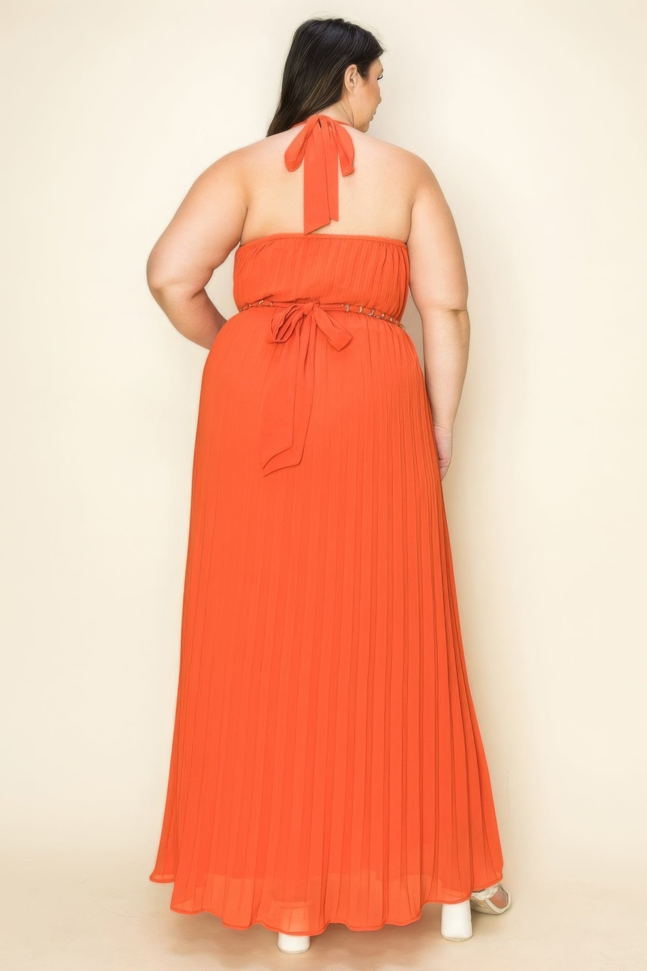 Chiffon Pleated Gold Trim Neck & Belt Cut Out Chest Maxi Dress - That Janis Style