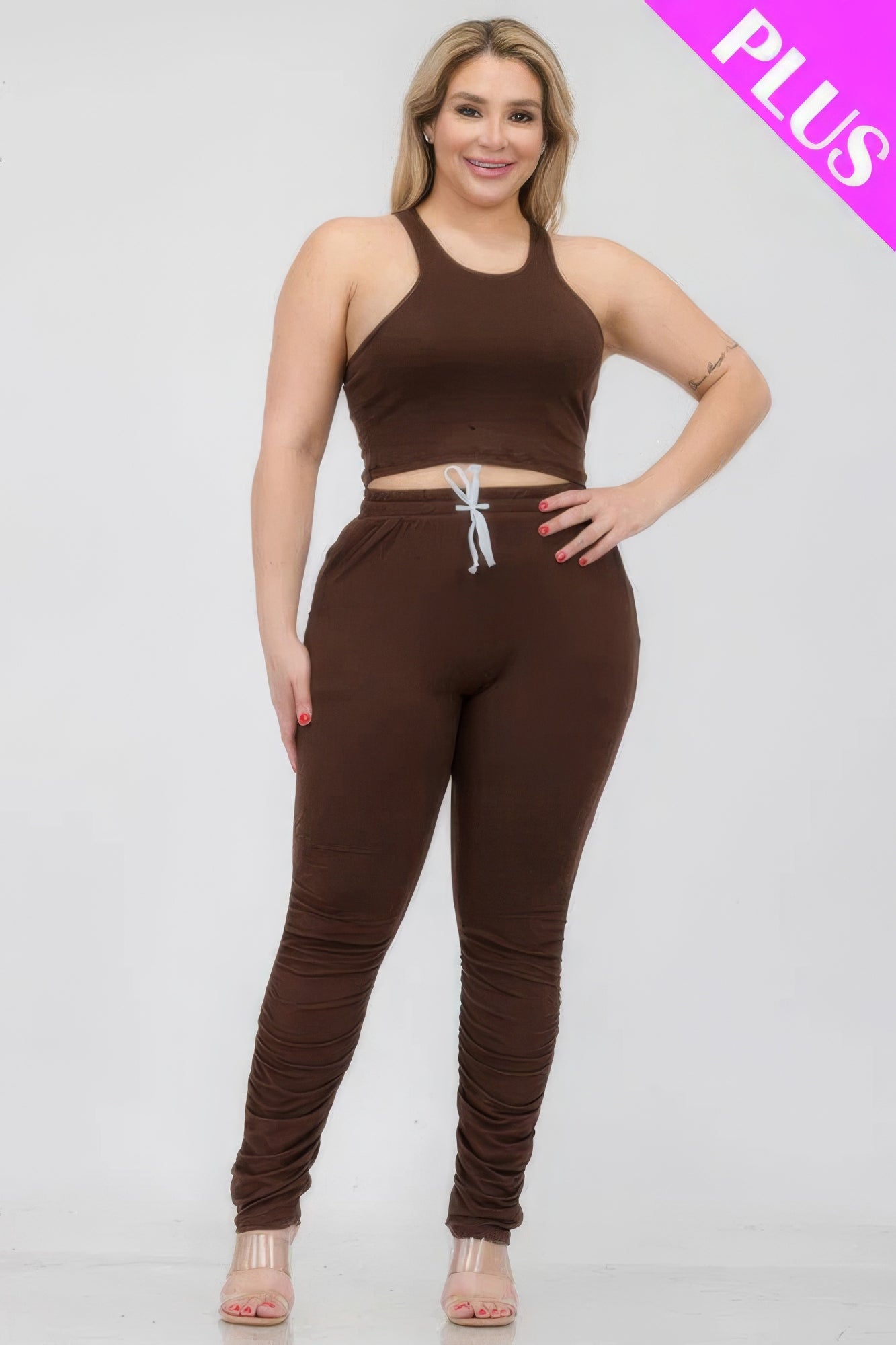 Plus Size Crop Tank Top & Ruched Pants Set - That Janis Style