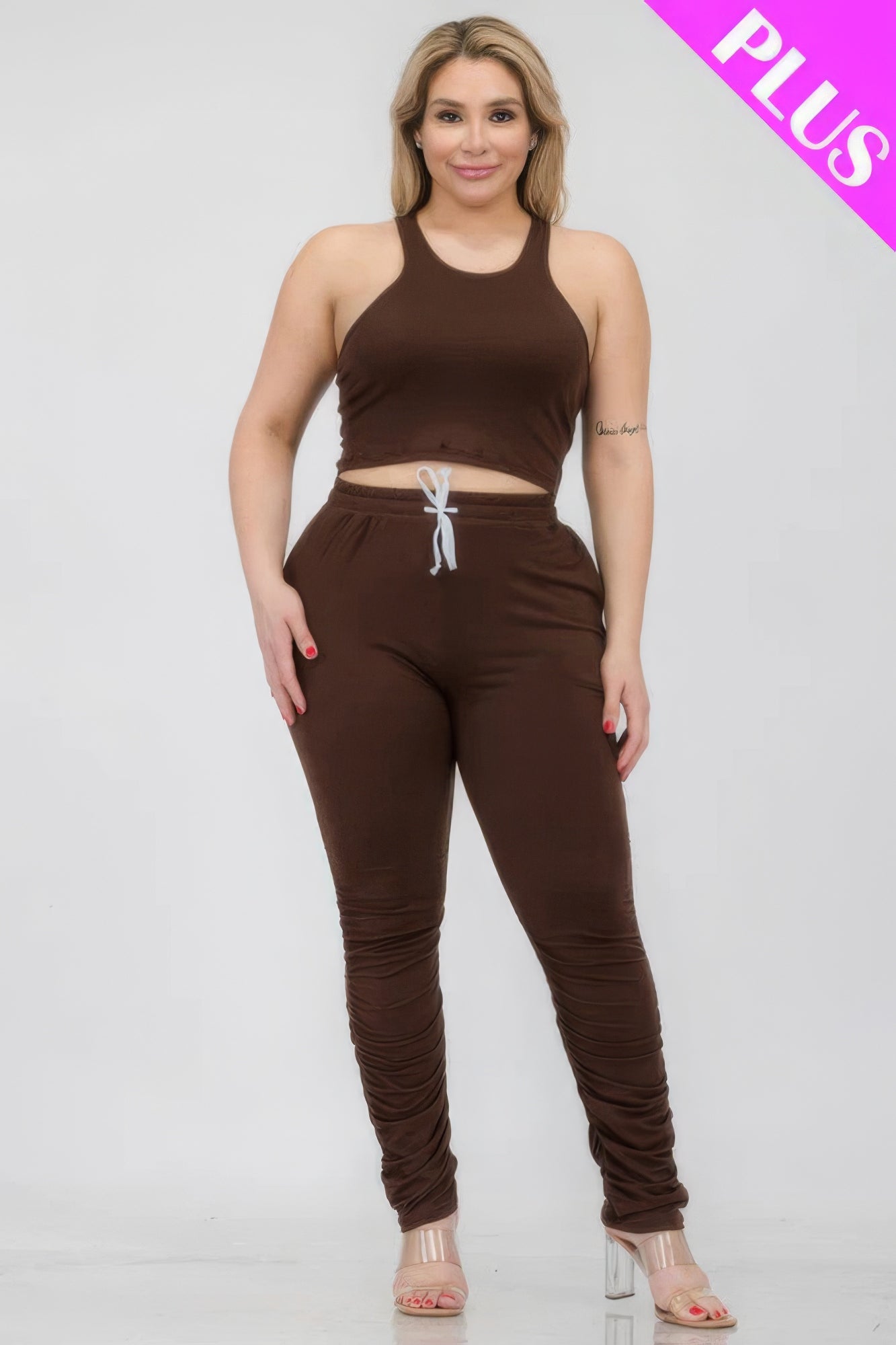 Plus Size Crop Tank Top & Ruched Pants Set - That Janis Style