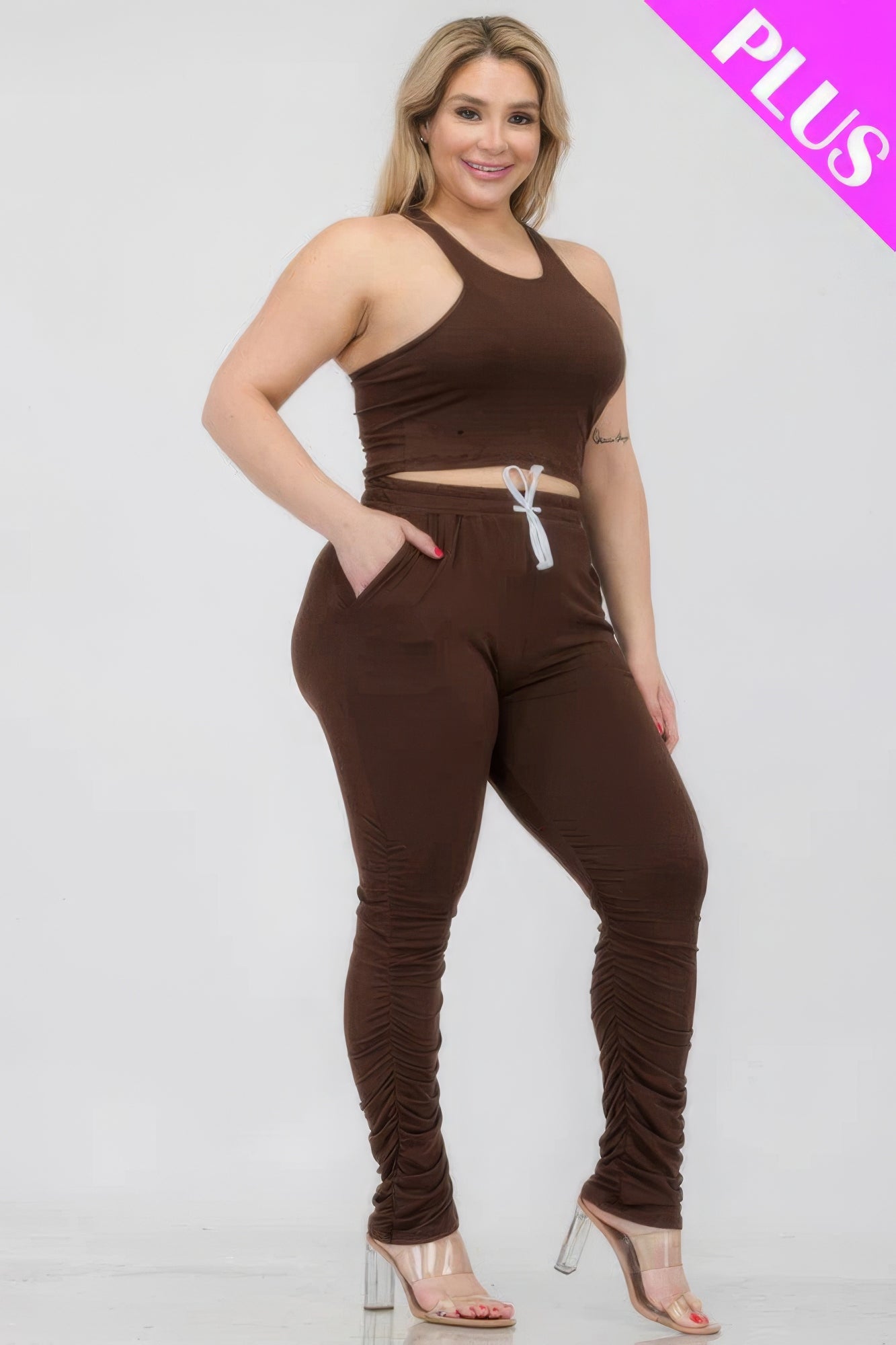 Plus Size Crop Tank Top & Ruched Pants Set - That Janis Style