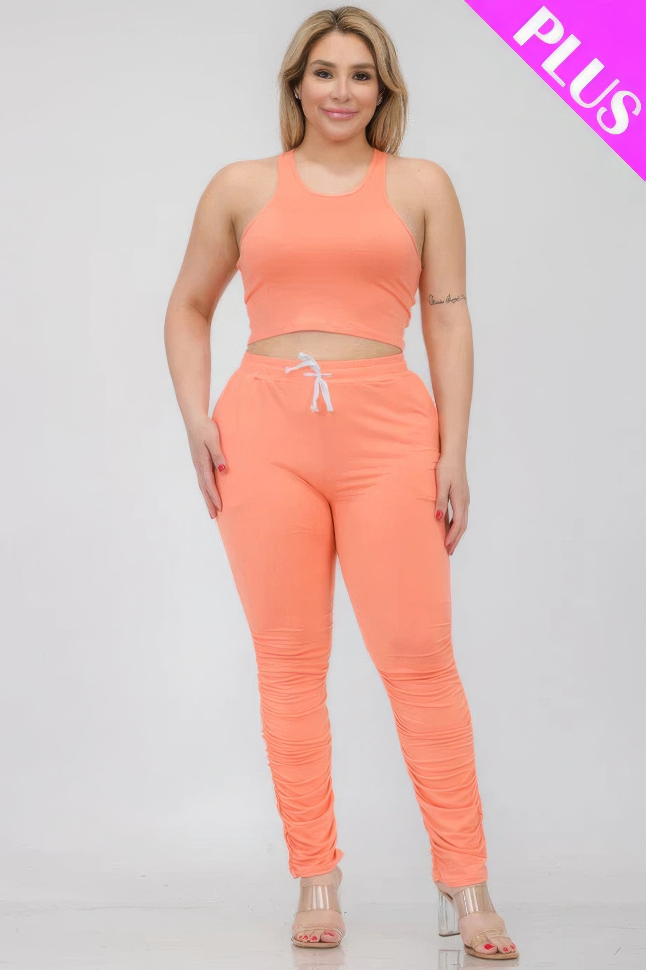 Plus Size Crop Tank Top & Ruched Pants Set - That Janis Style