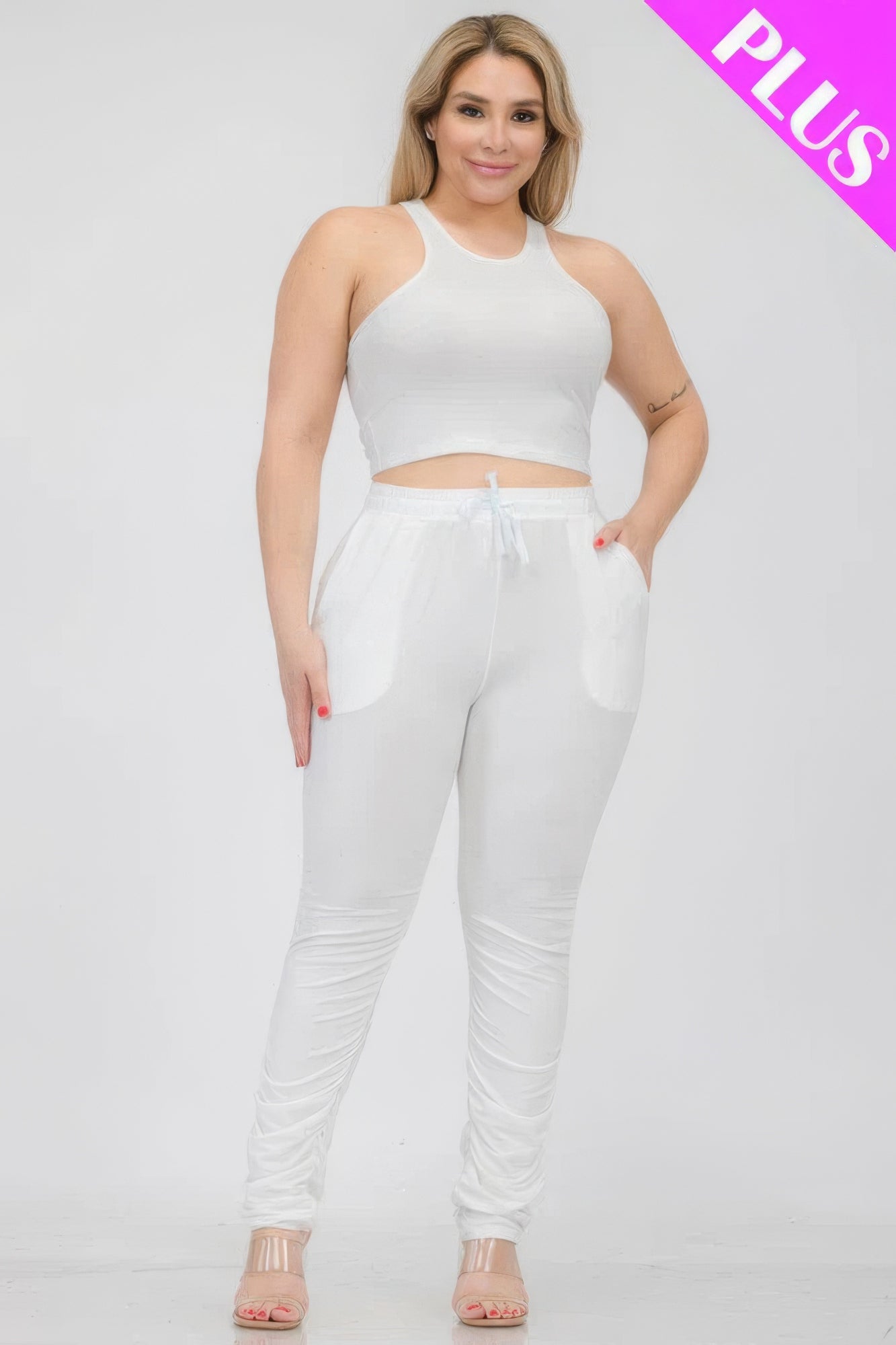 Plus Size Crop Tank Top & Ruched Pants Set - That Janis Style