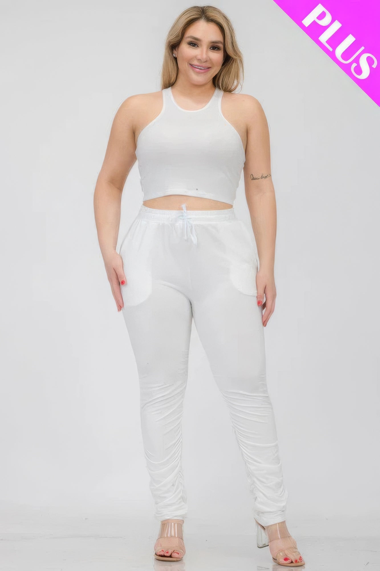 Plus Size Crop Tank Top & Ruched Pants Set - That Janis Style