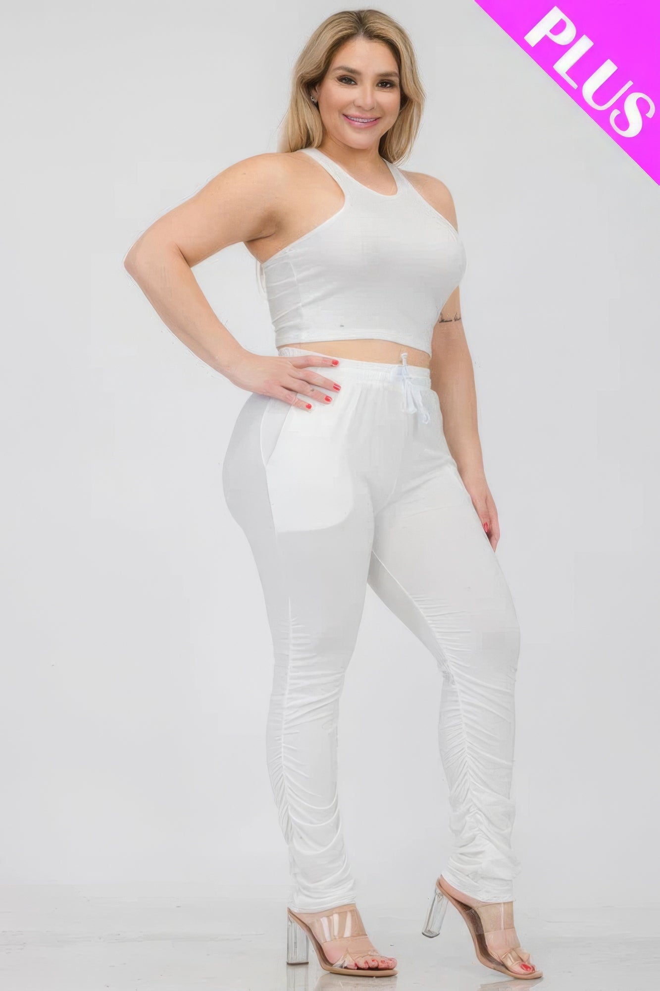 Plus Size Crop Tank Top & Ruched Pants Set - That Janis Style