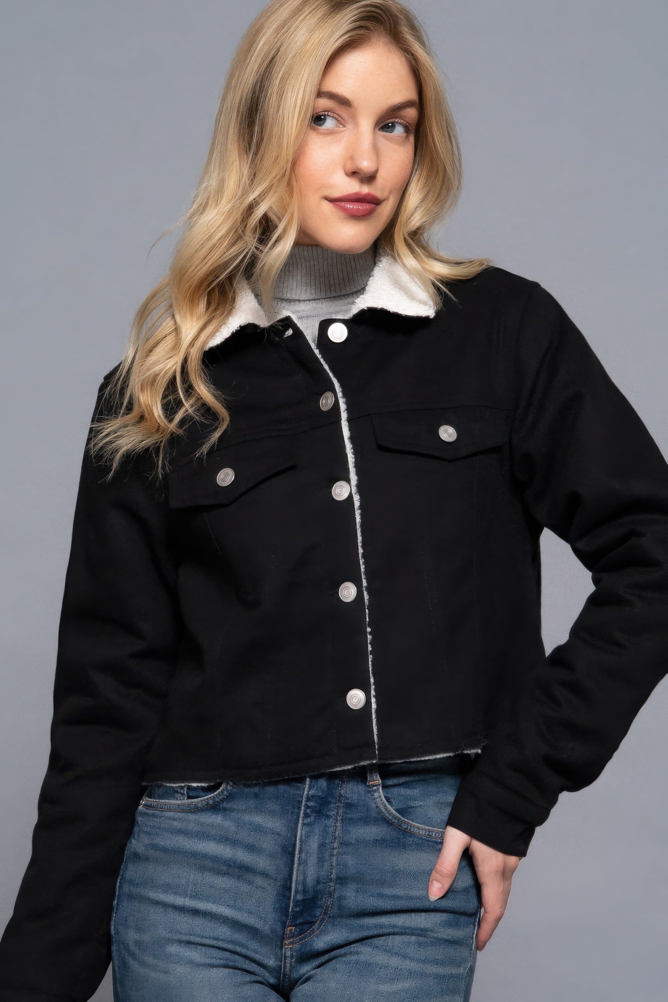 Button Closure Sherpa-lined Twill Jacket - That Janis Style