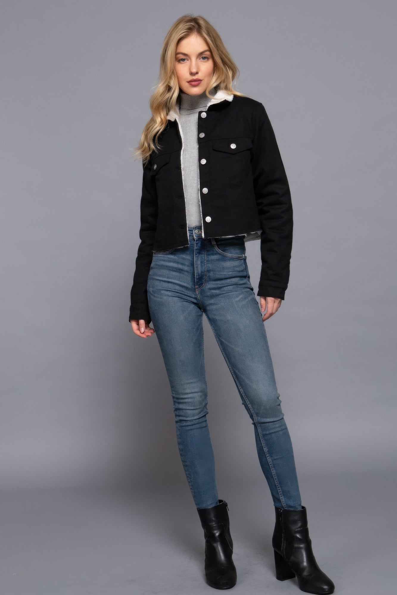 Button Closure Sherpa-lined Twill Jacket - That Janis Style